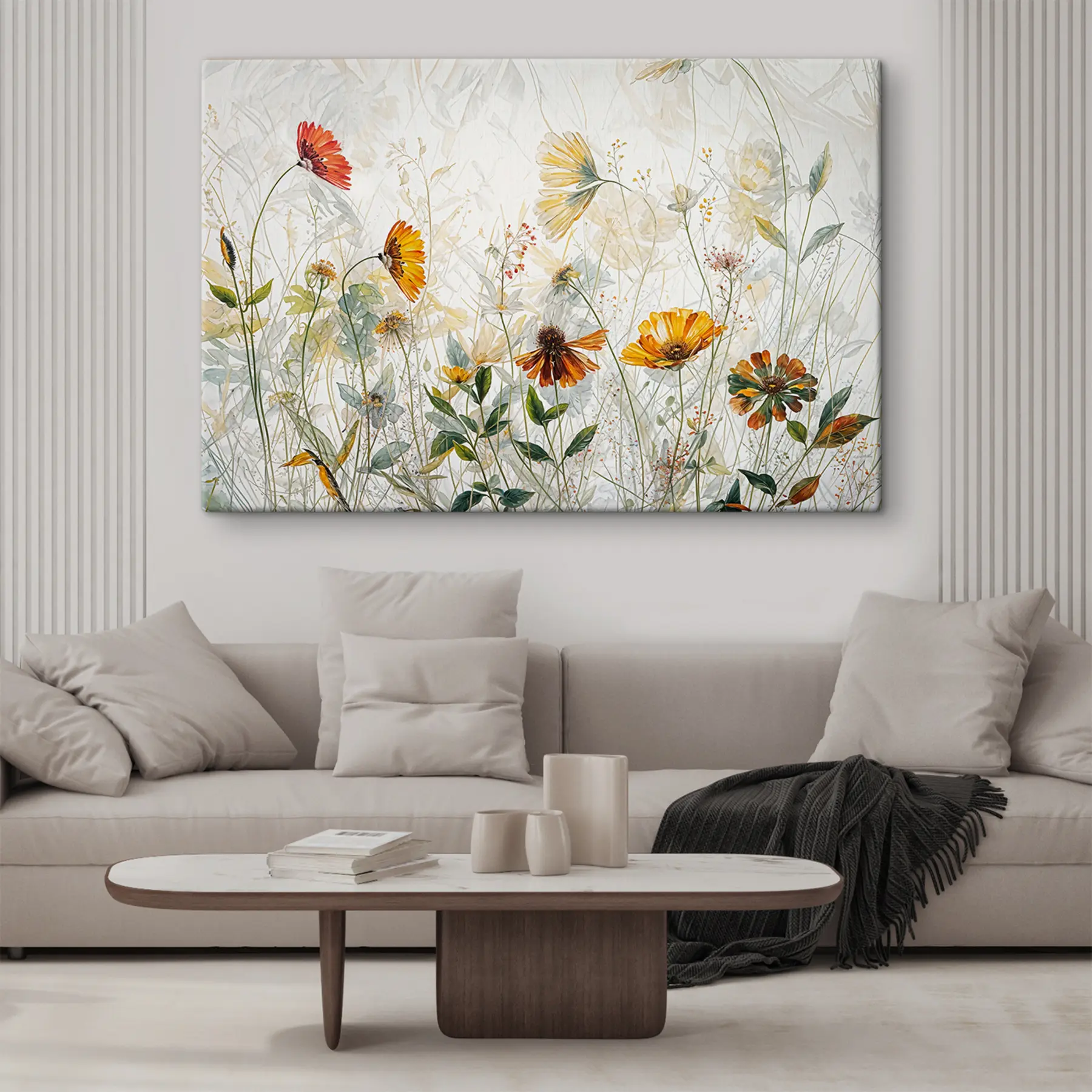 murales Campo de delicadas flores sobre fondo blanco pintura al óleo s38197