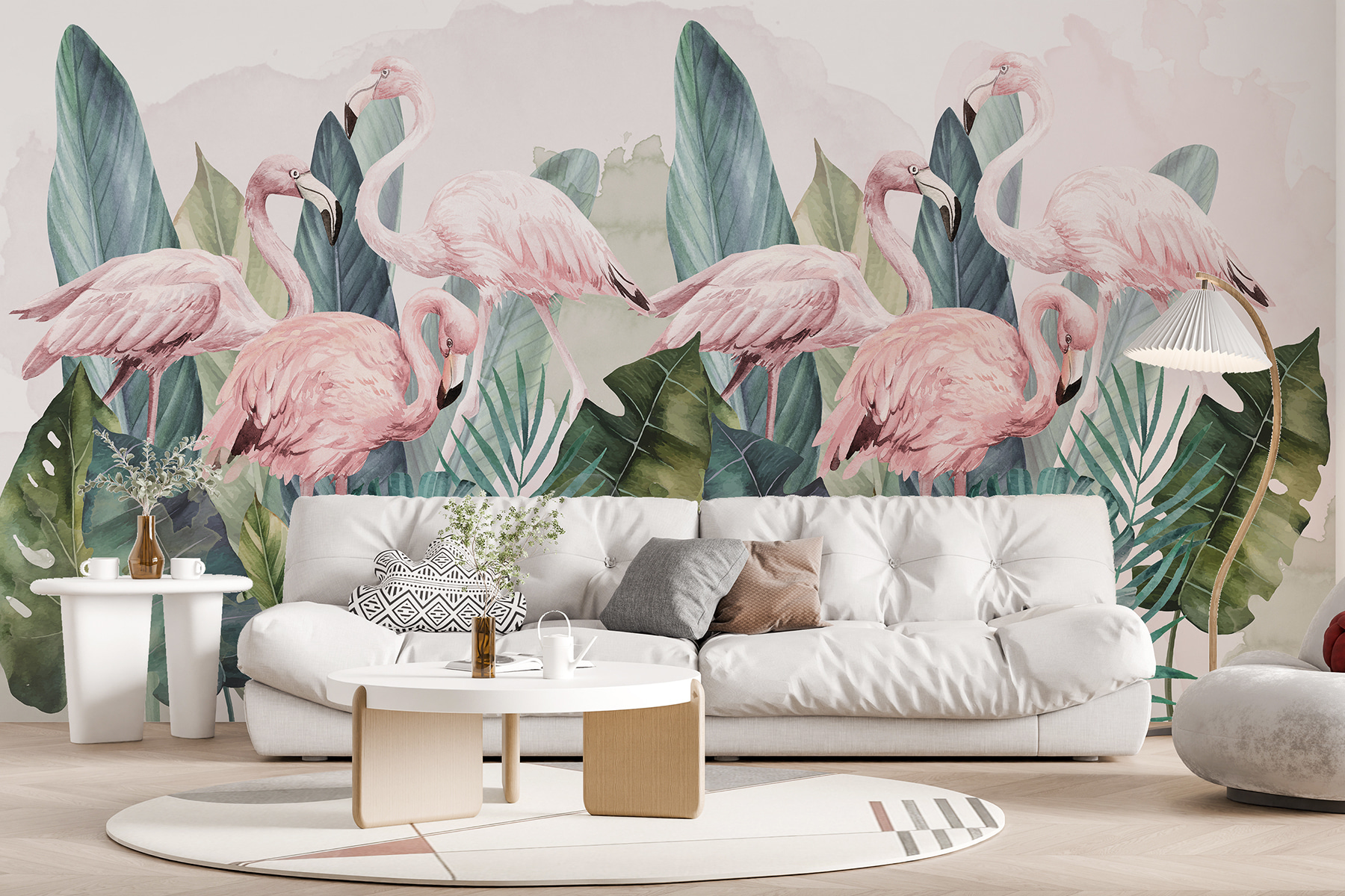 Wall mural Flamingos in the tropical leaves, watercolor, pink and green ...