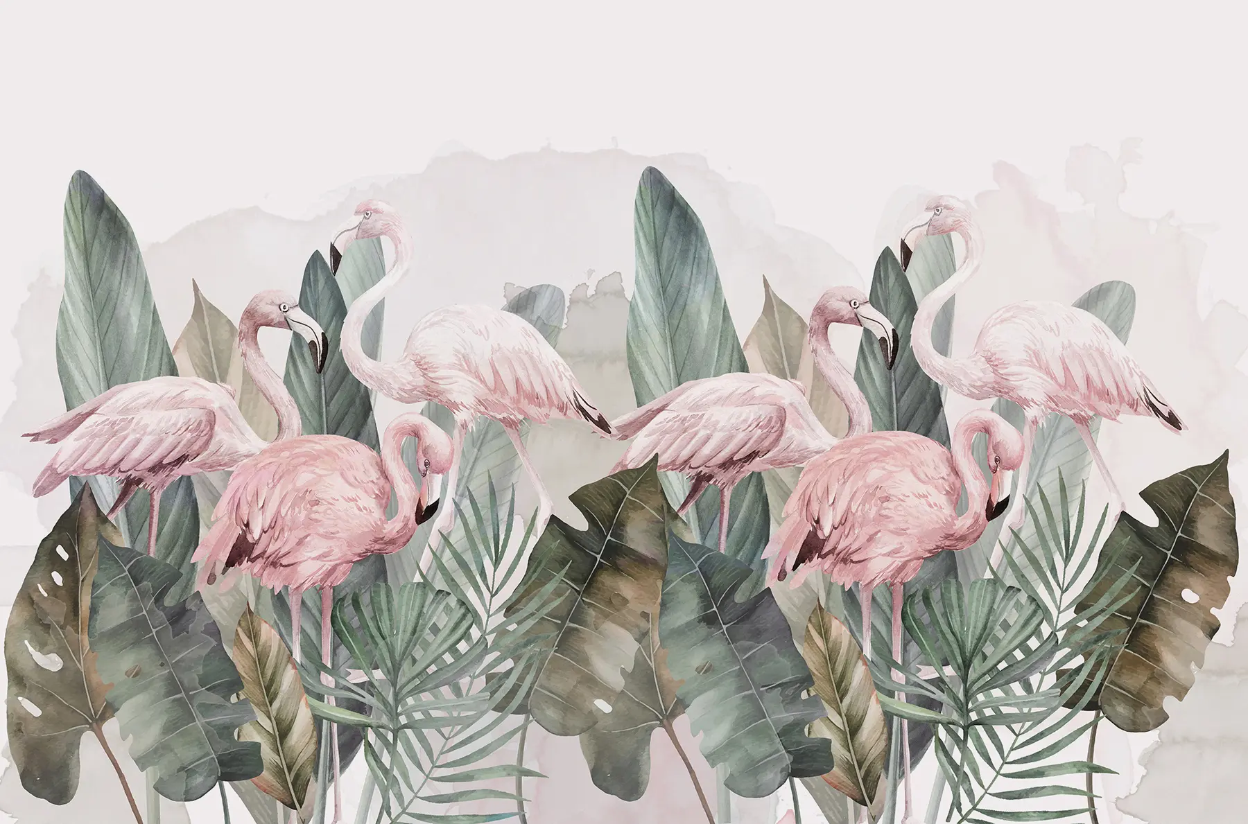 wall murals Flamingos in the tropical leaves, watercolor, pink and olive colors w00505v1