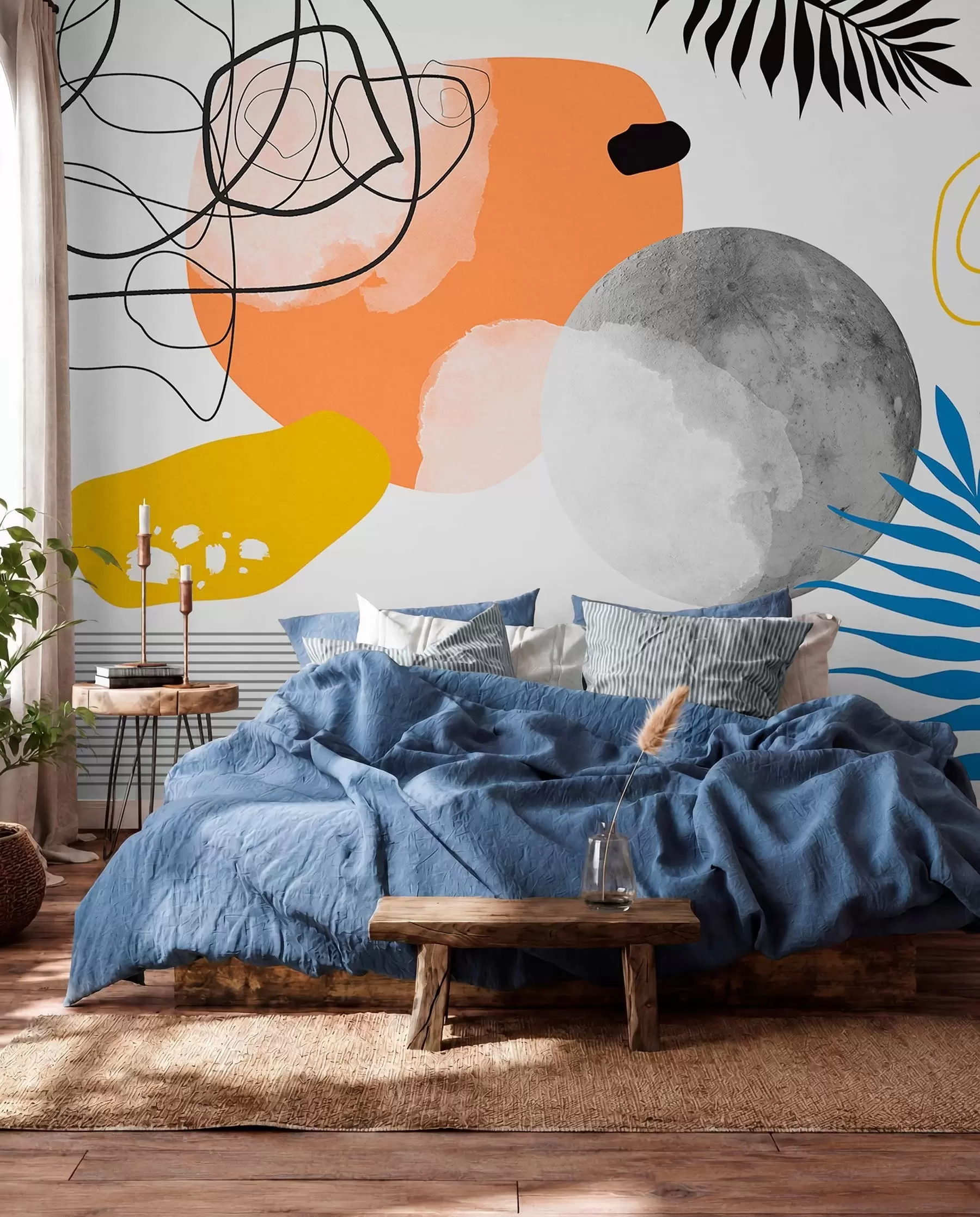 wall murals Abstract modern, minimalism, boho, geometry, watercolor spots, full moon, palm leaf silhouette, topography, intricacy, orange, yellow, gray w00508