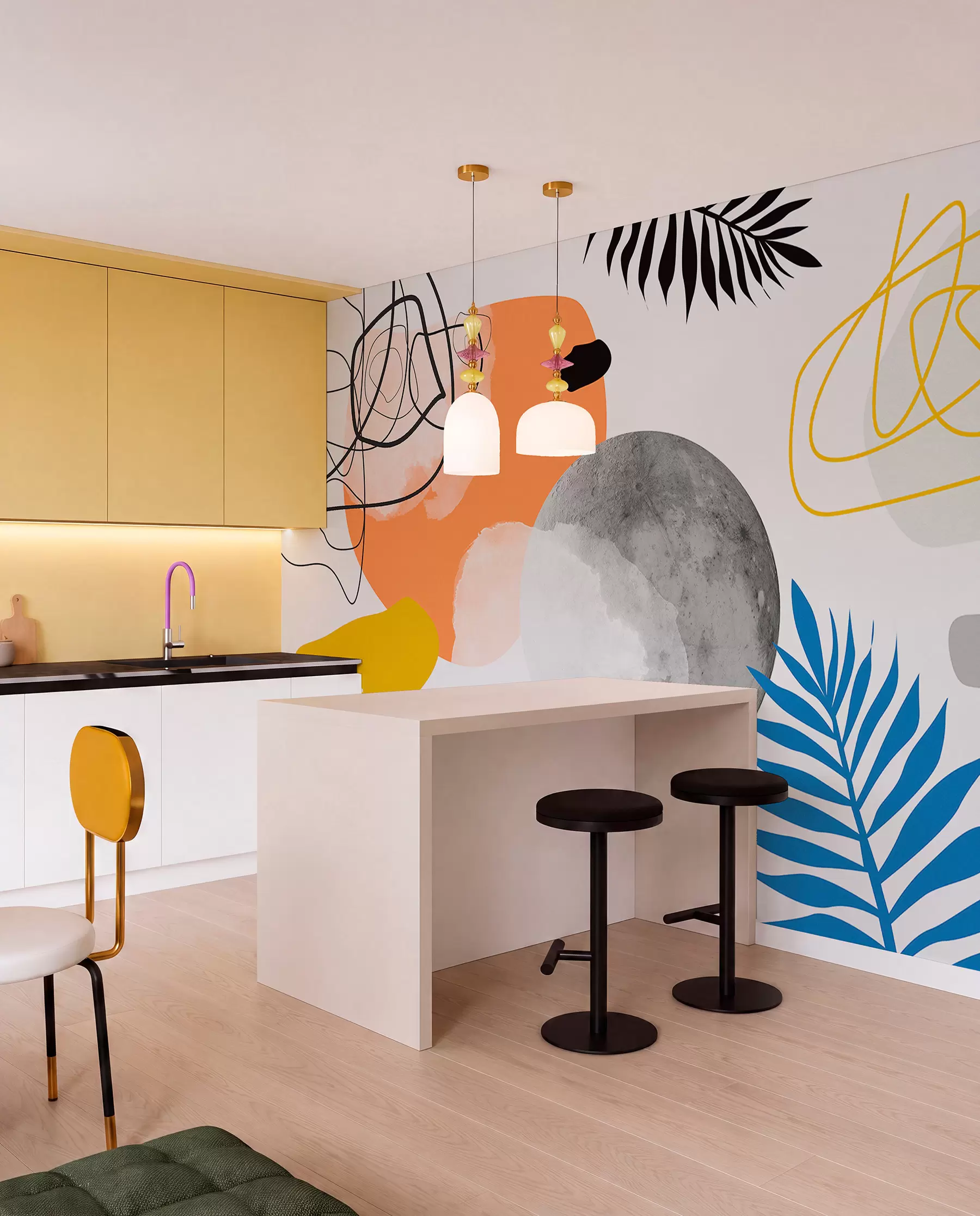 Wall Mural Photo Wallpaper Abstract modern, minimalism, boho, geometry, watercolor spots, full moon, palm leaf silhouette, topography, intricacy, orange, yellow, gray w00508