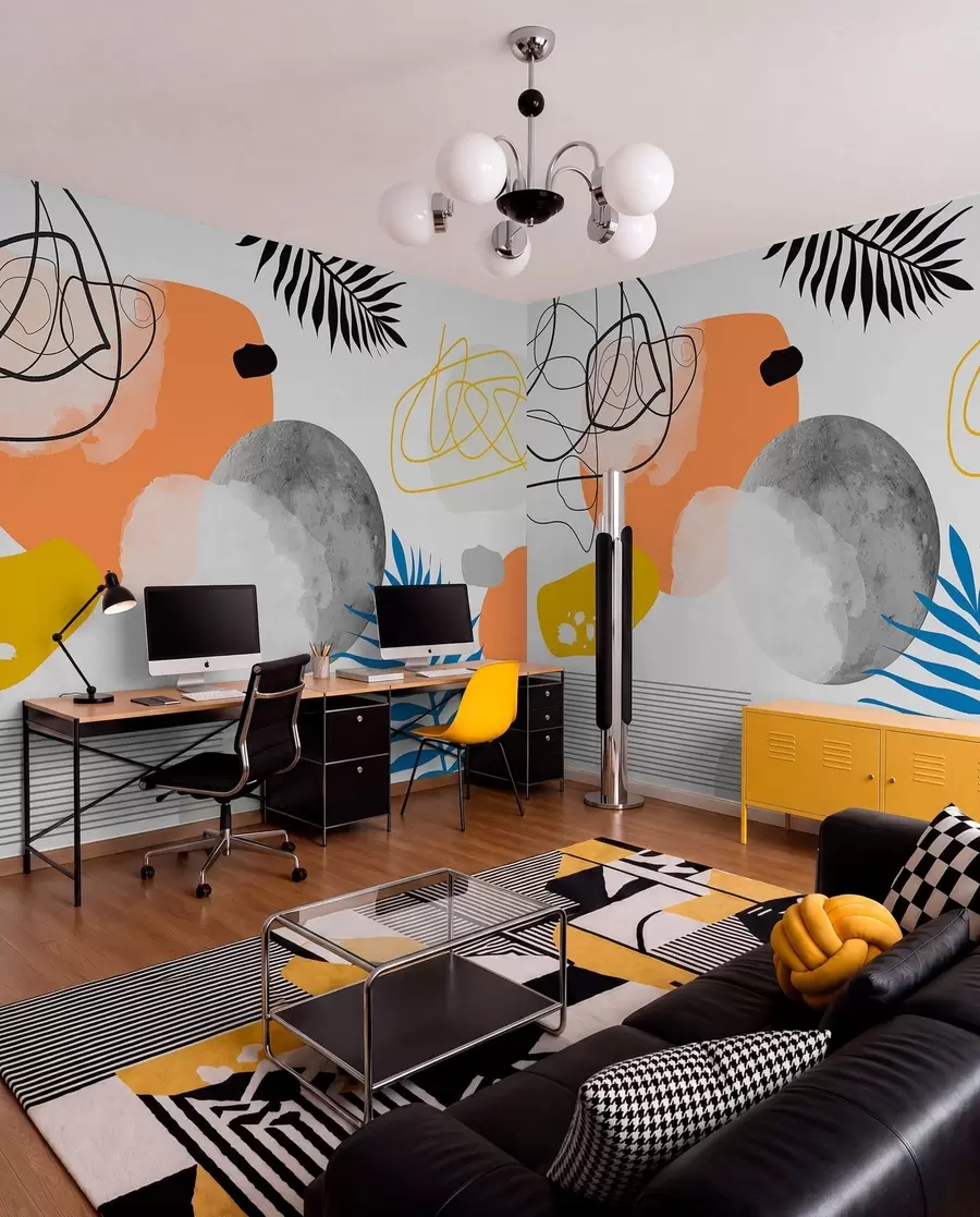 Wall Mural Photo Wallpaper Abstract modern, minimalism, boho, geometry, watercolor spots, full moon, palm leaf silhouette, topography, intricacy, orange, yellow, gray w00508