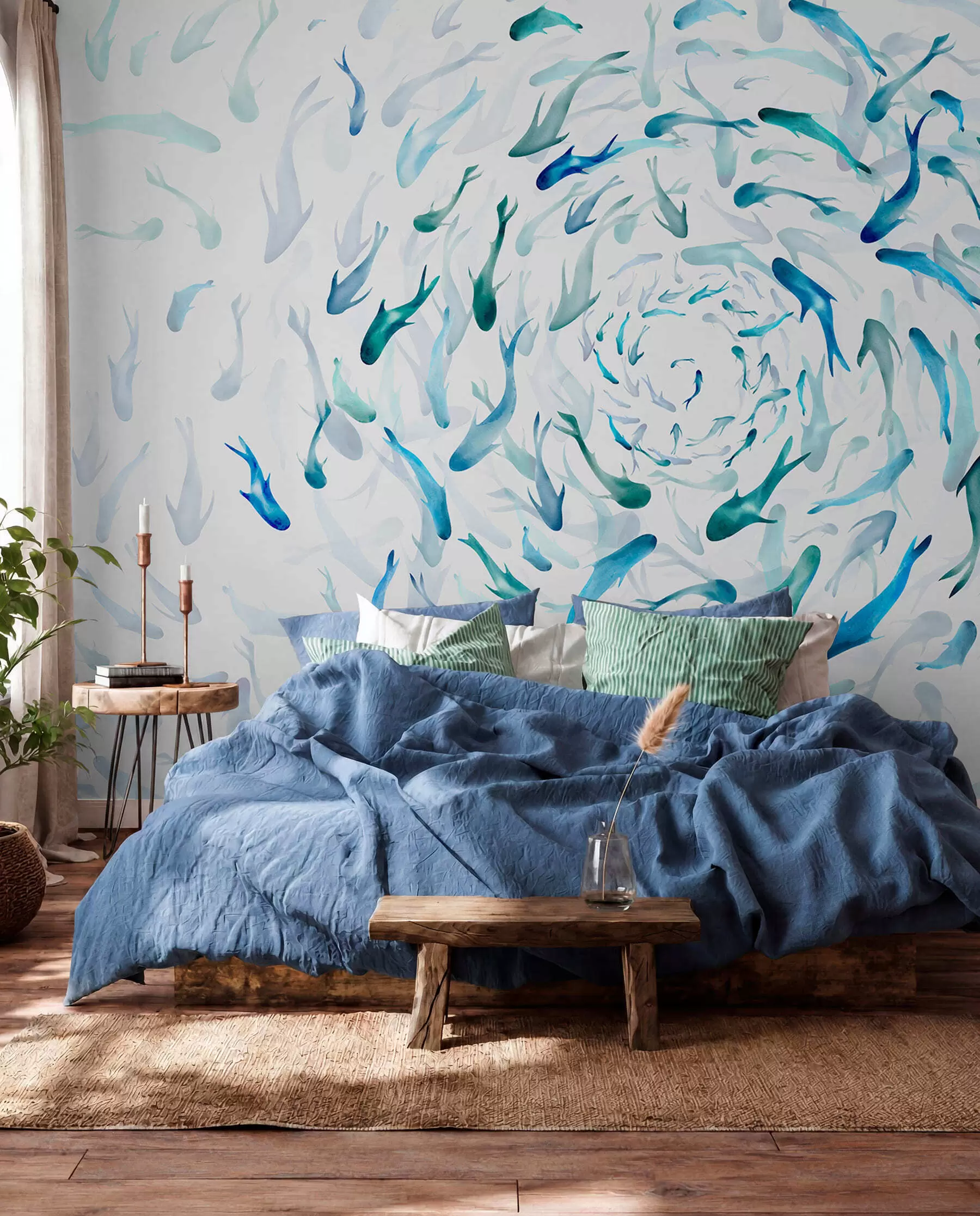 wall murals Fish swirling in a whirlpool, fish dance, watercolor, shark, abstract composition, minimalism, blue, green color w00510