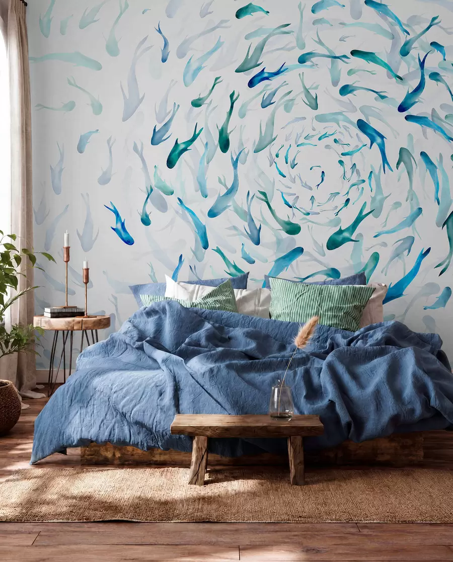 wall murals Fish swirling in a whirlpool, fish dance, watercolor, shark, abstract composition, minimalism, blue, green color w00510