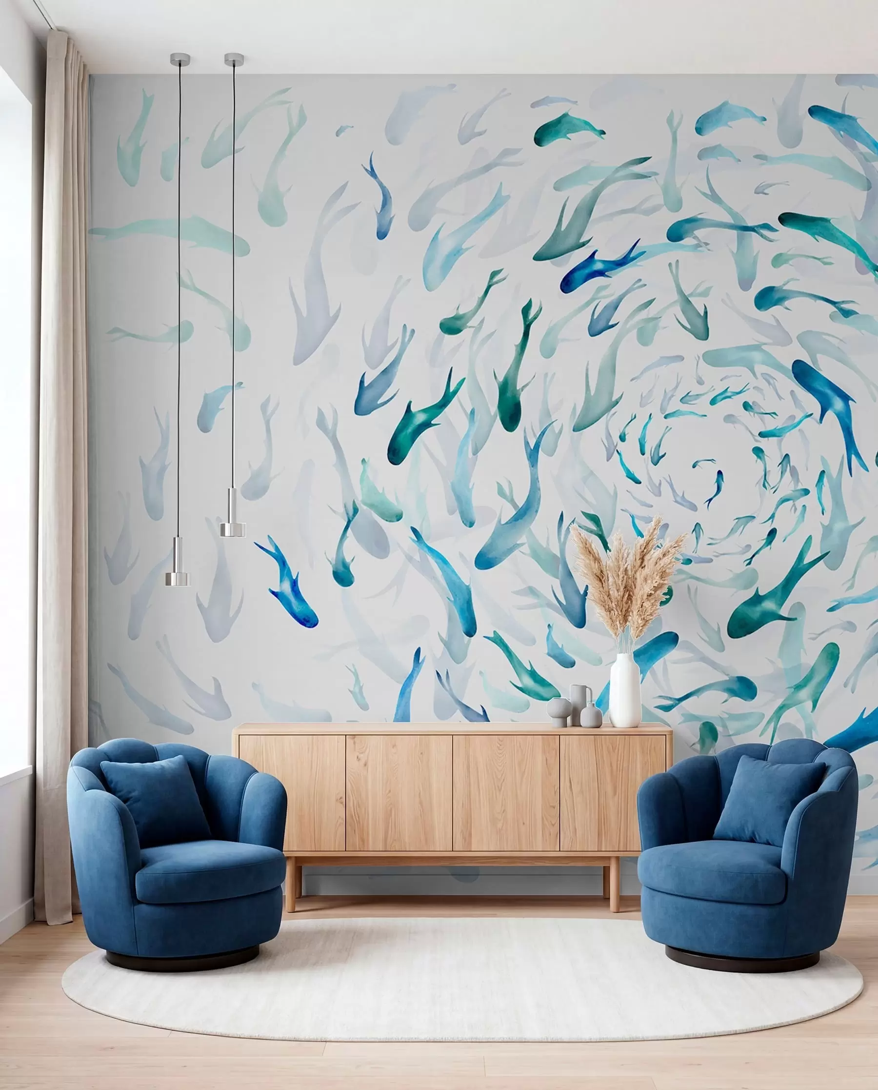 Wall Mural Photo Wallpaper Fish swirling in a whirlpool, fish dance, watercolor, shark, abstract composition, minimalism, blue, green color w00510