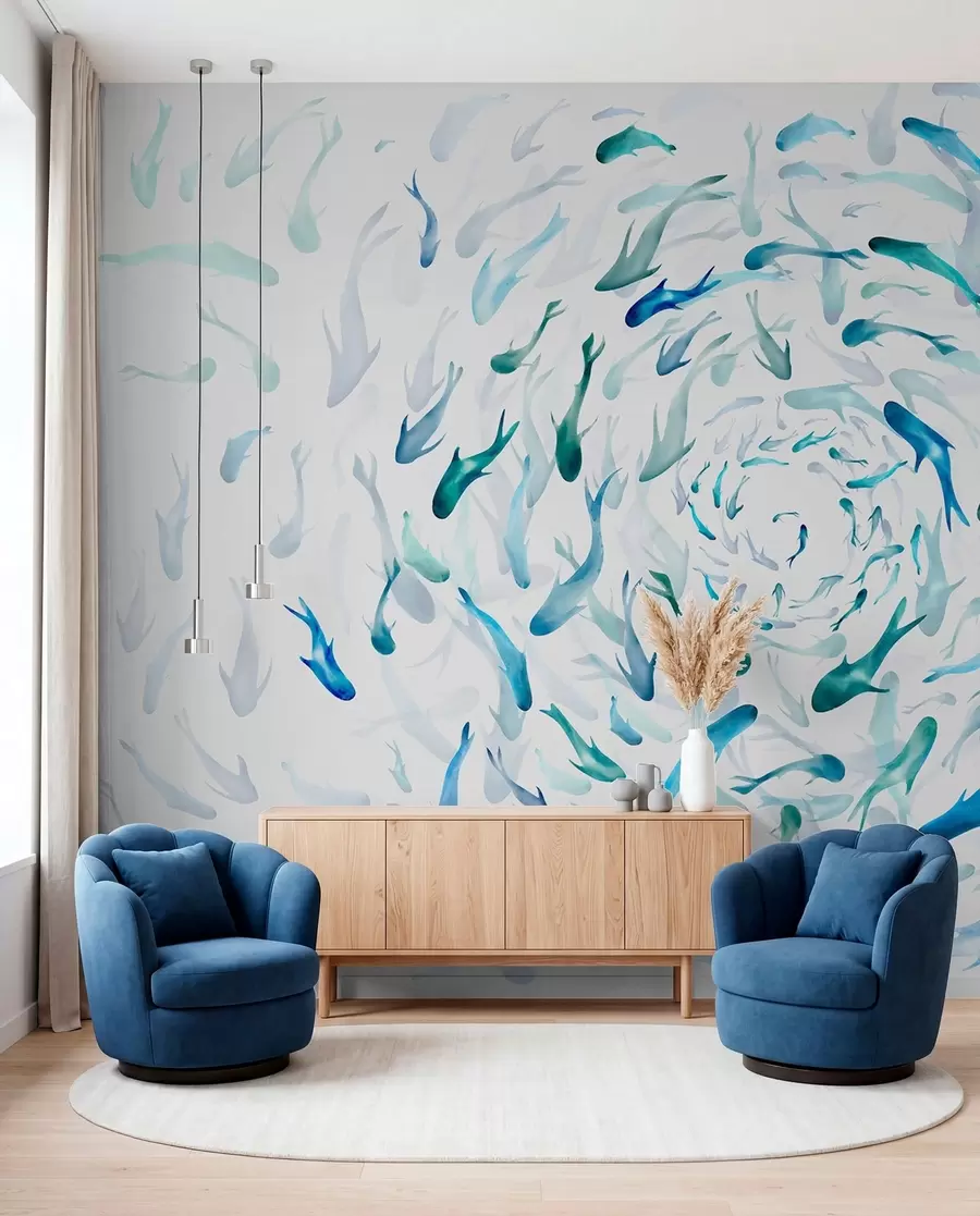 Wall Mural Photo Wallpaper Fish swirling in a whirlpool, fish dance, watercolor, shark, abstract composition, minimalism, blue, green color w00510