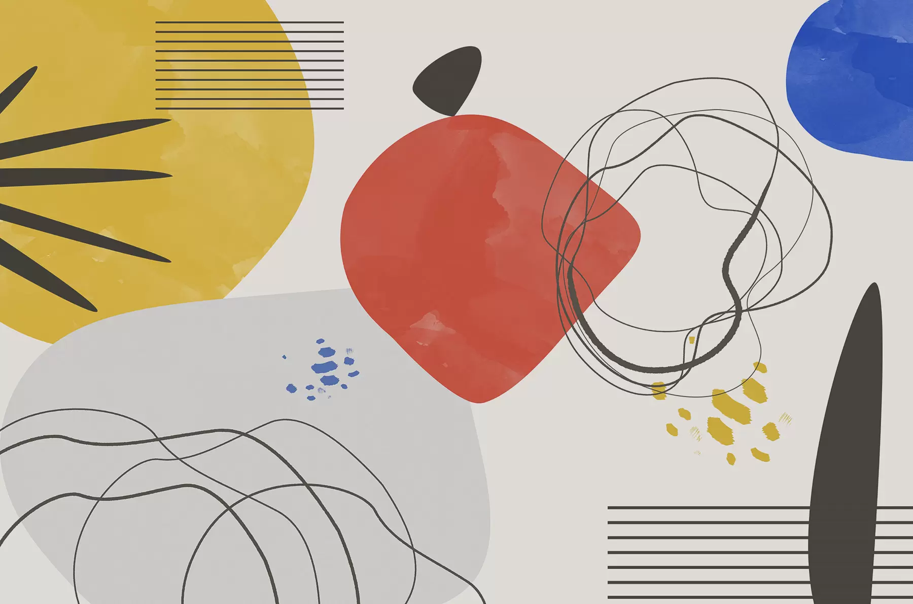 murales Abstracción moderna, punto brillante, boho, geometría, topografía, curvas, líneas, rojo, amarillo, azul, negro w00514