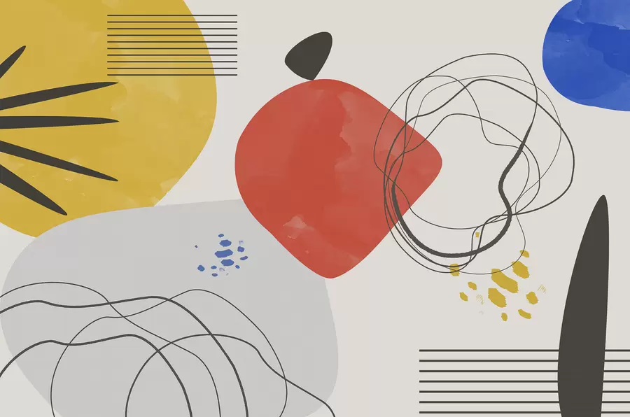 murales Abstracción moderna, punto brillante, boho, geometría, topografía, curvas, líneas, rojo, amarillo, azul, negro w00514