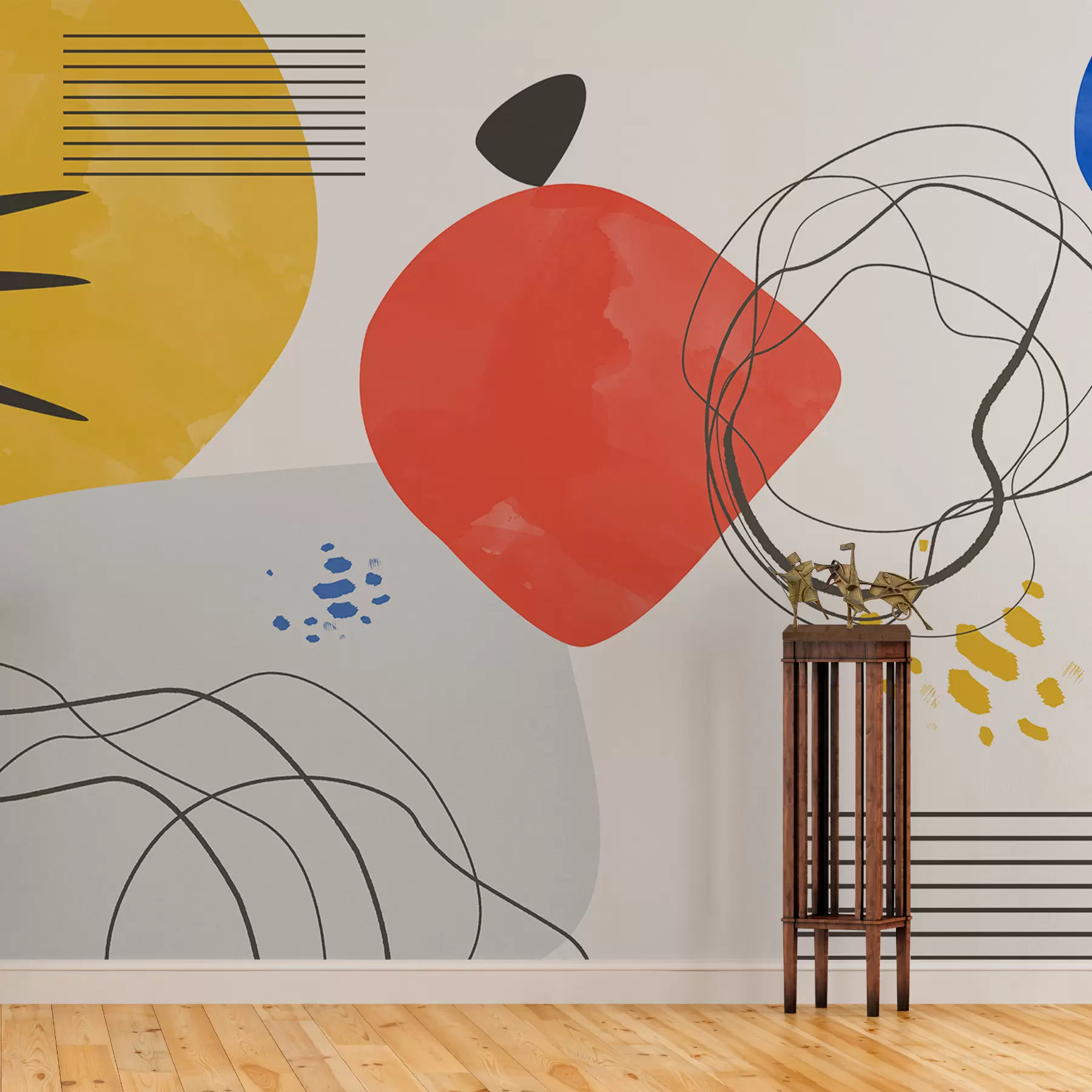 murales Abstracción moderna, punto brillante, boho, geometría, topografía, curvas, líneas, rojo, amarillo, azul, negro w00514