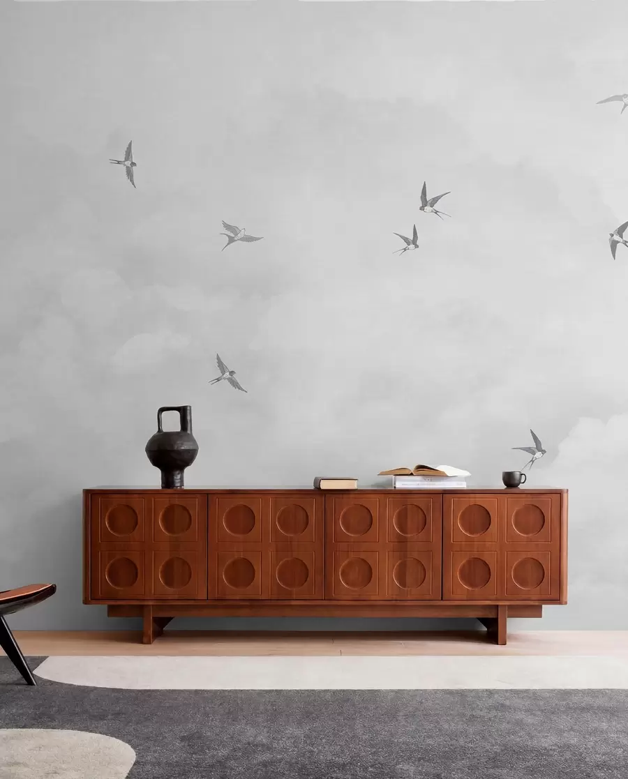 murales Golondrinas en cielo plateado w00526v1