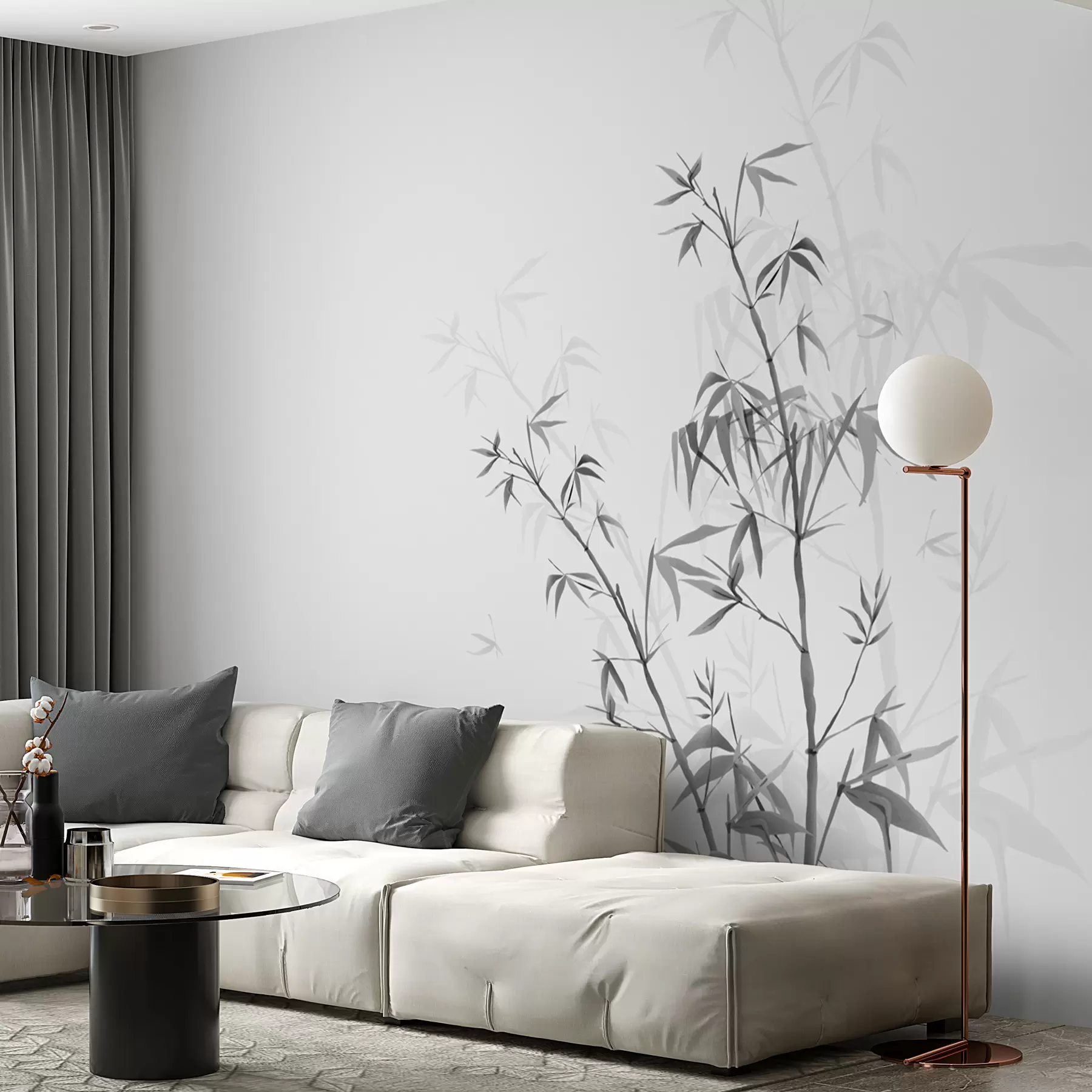 murais de parede Estilo minimalista Japandi planta bambu Chinoiserie cor cinza w00546v1