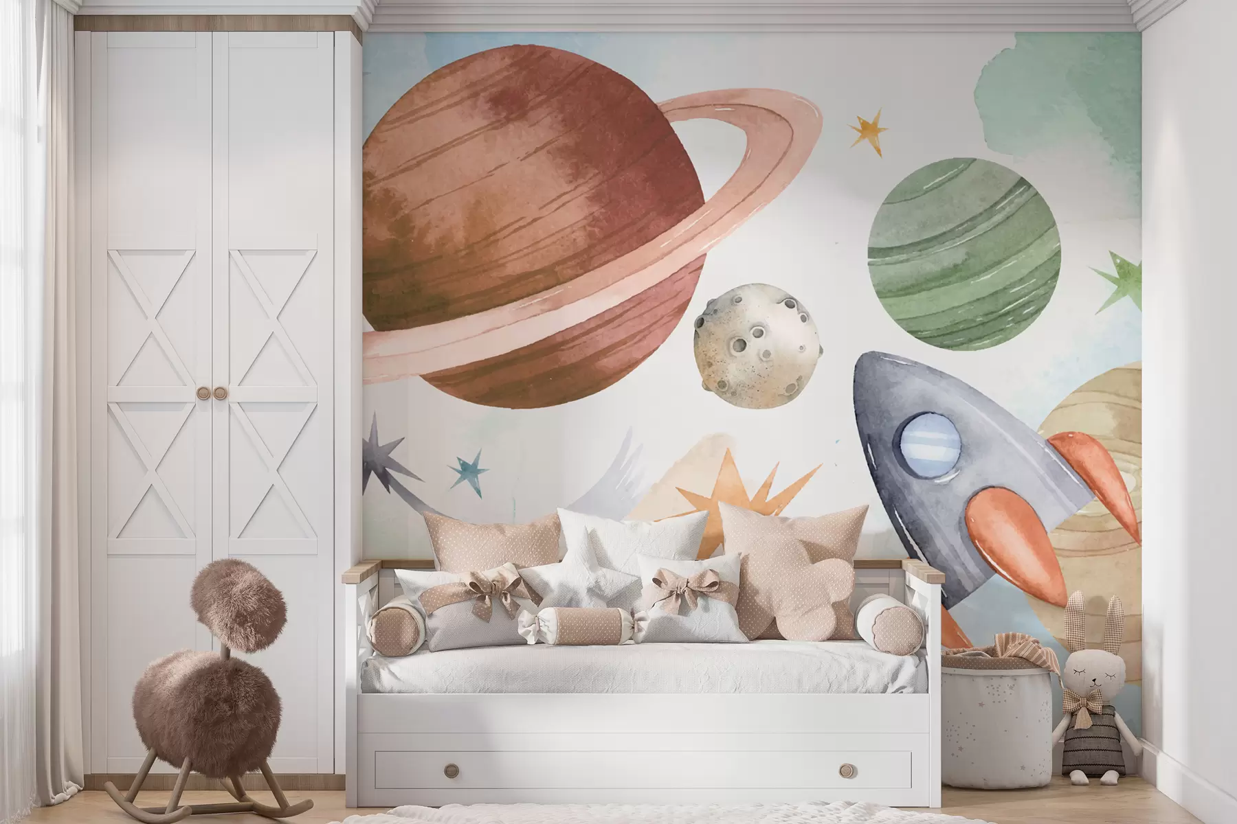 wall murals A colorful illustration depicting various planets and space watercolor w00539
