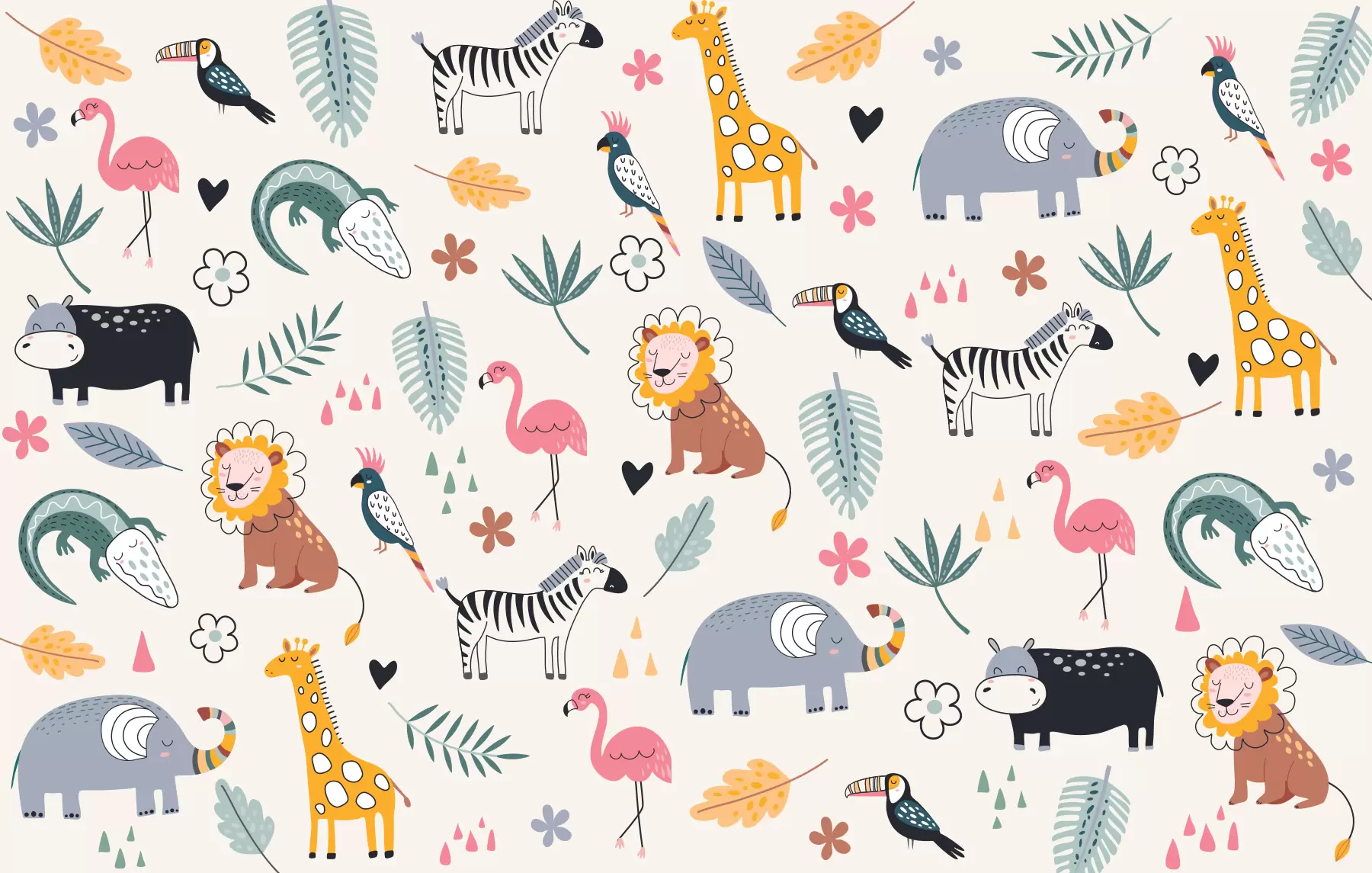 peintures murales animaux, lions, girafes, éléphants, feuilles, chambre bébé w00555