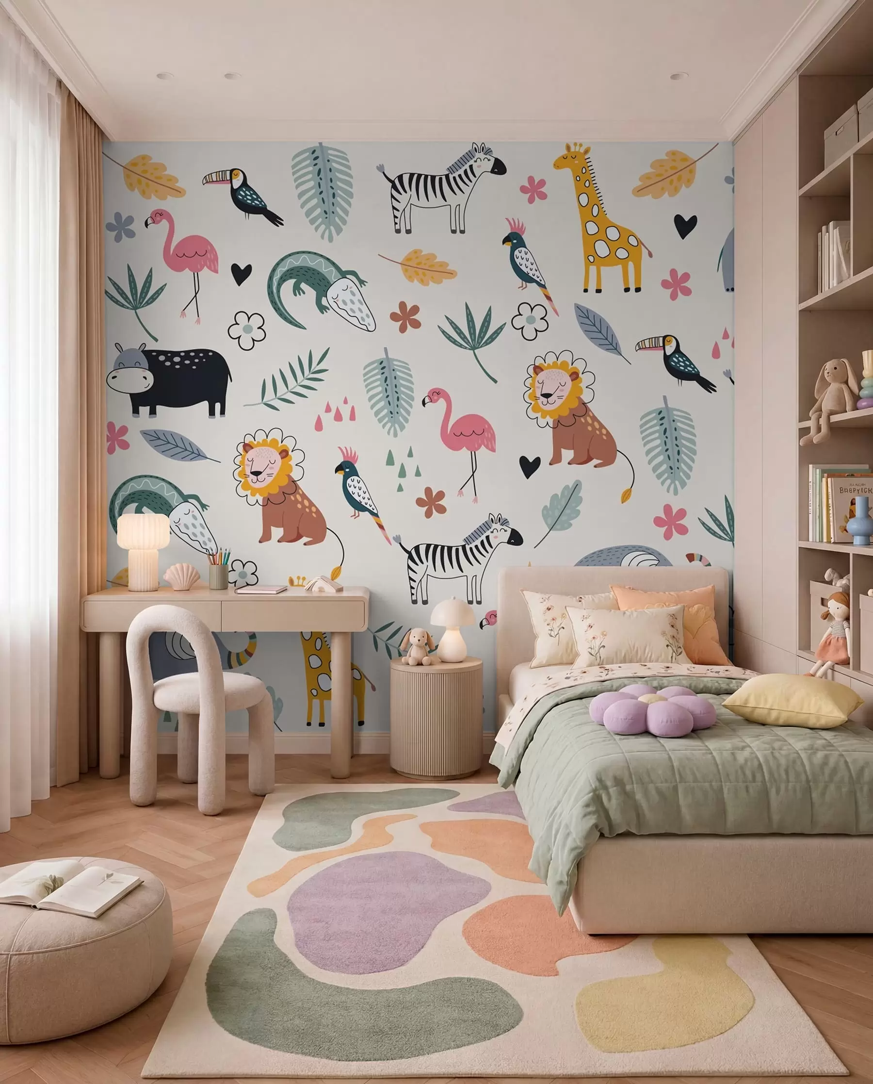 wall murals animals, lions, giraffes, elephants, leaves, baby room w00555