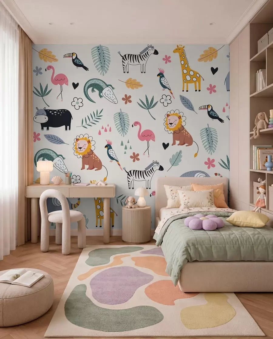 murales animales, leones, jirafas, elefantes, hojas, cuarto del bebé w00555