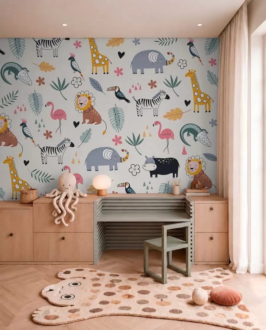 peintures murales animaux, lions, girafes, éléphants, feuilles, chambre bébé w00555
