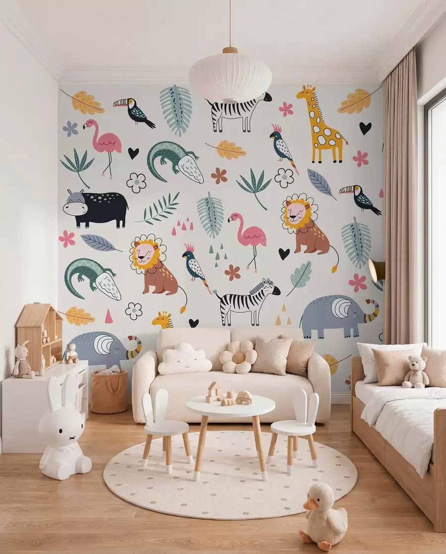 murales animales, leones, jirafas, elefantes, hojas, cuarto del bebé w00555