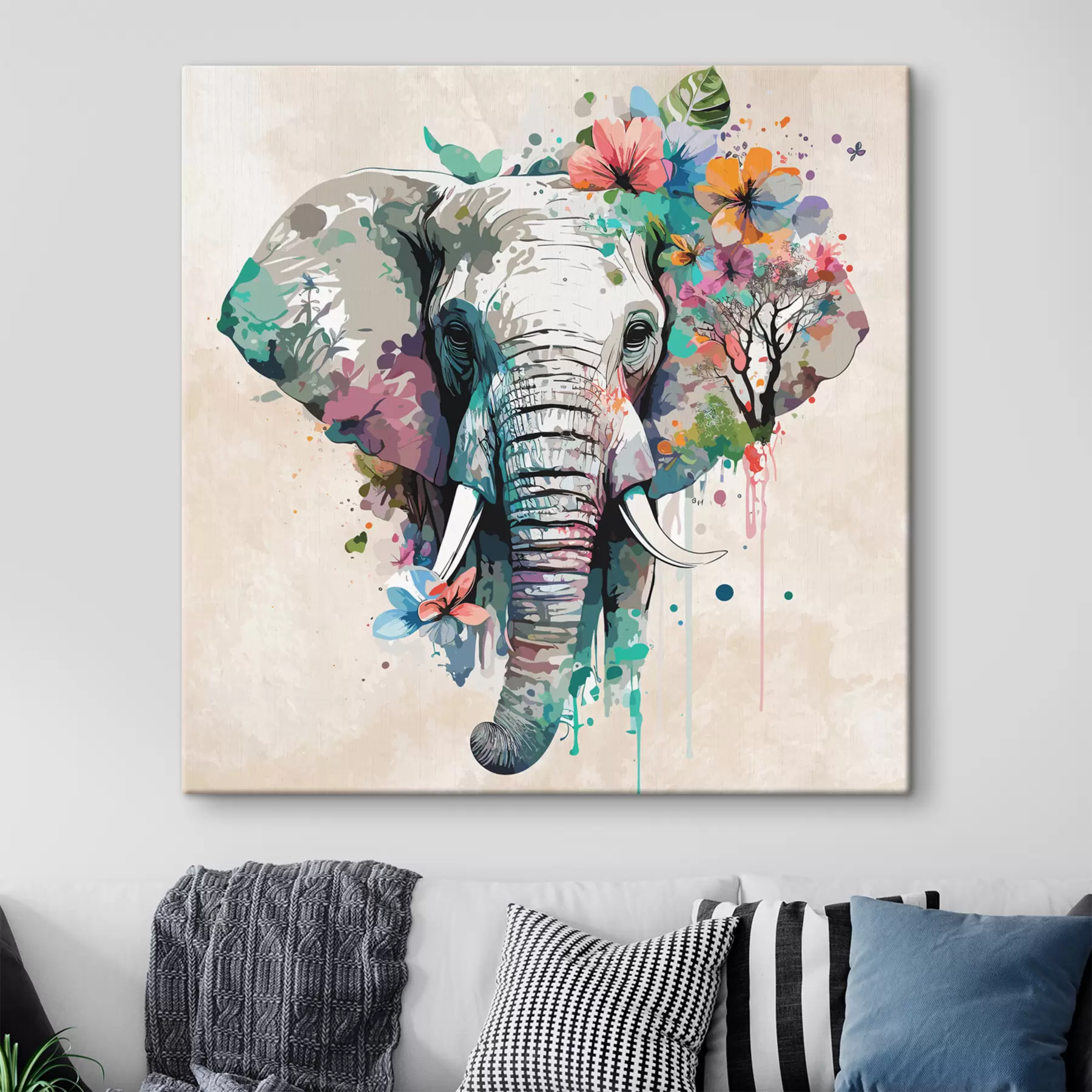 murales elefante en flores, manchas de pintura s38333