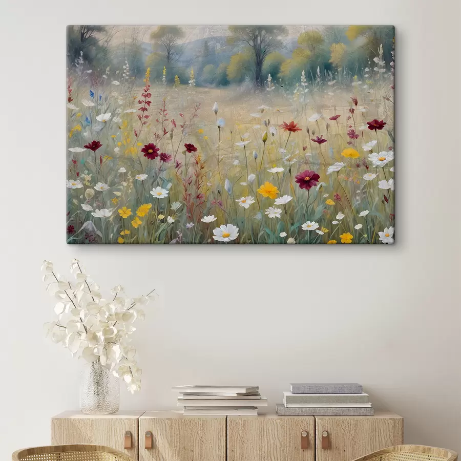 wall murals A colorful meadow with wildflowers with a blurred forest in the background s38368