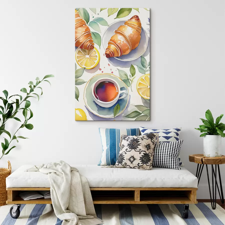murales Acuarela de croissant, taza de té, desayuno, limones, estilo rústico s38389