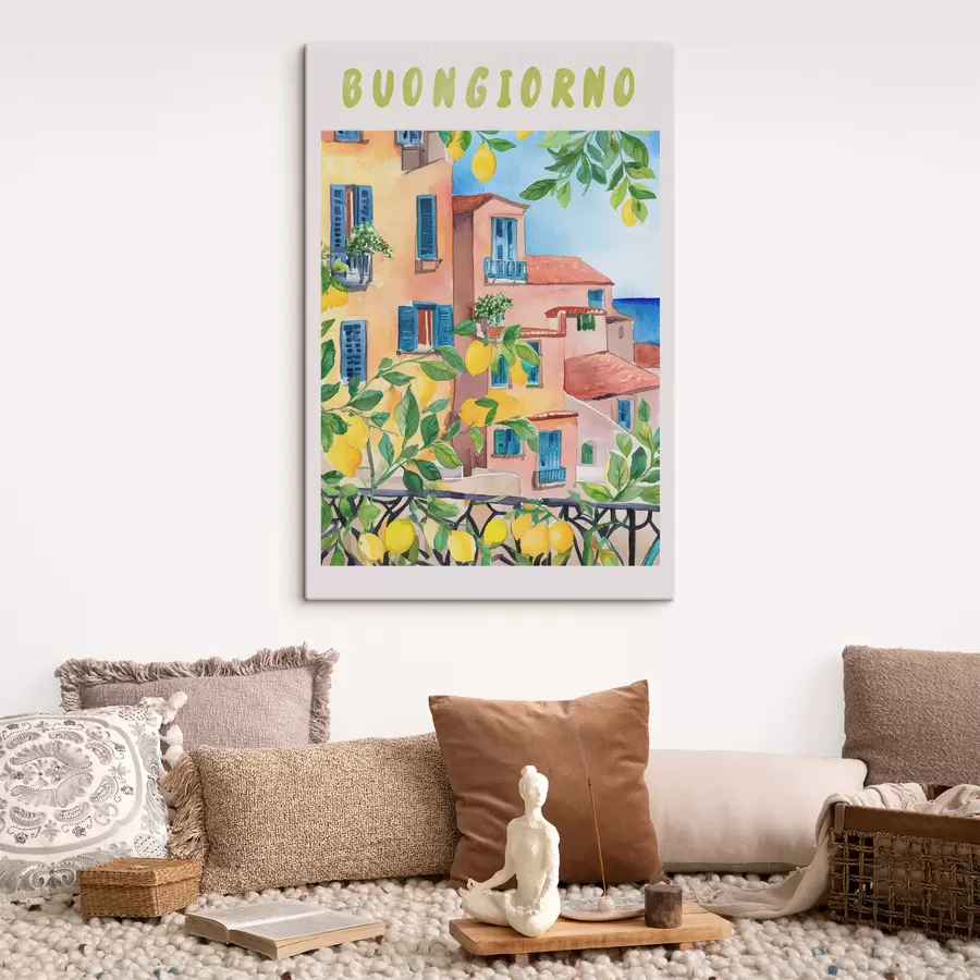 murales Arquitectura de la ciudad italiana, costa del mar, verano, acuarela, limonero s38395