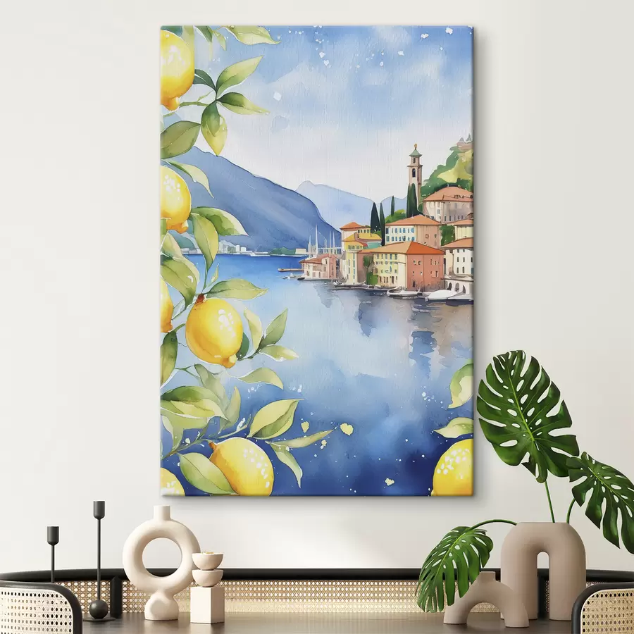 wall murals Italian lake, summer, watercolor, nature landscape, lemons, city architecture s38397