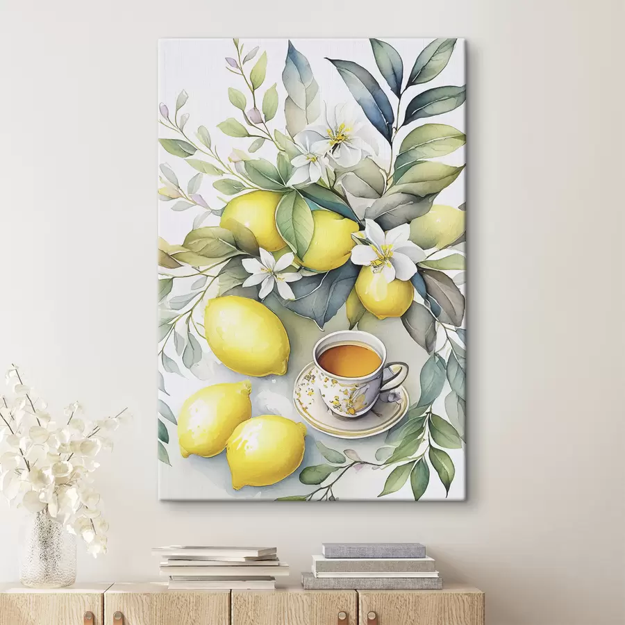 wall murals Lemons and flowers, watercolor, breakfast, cup of tea, bohemian style s38403