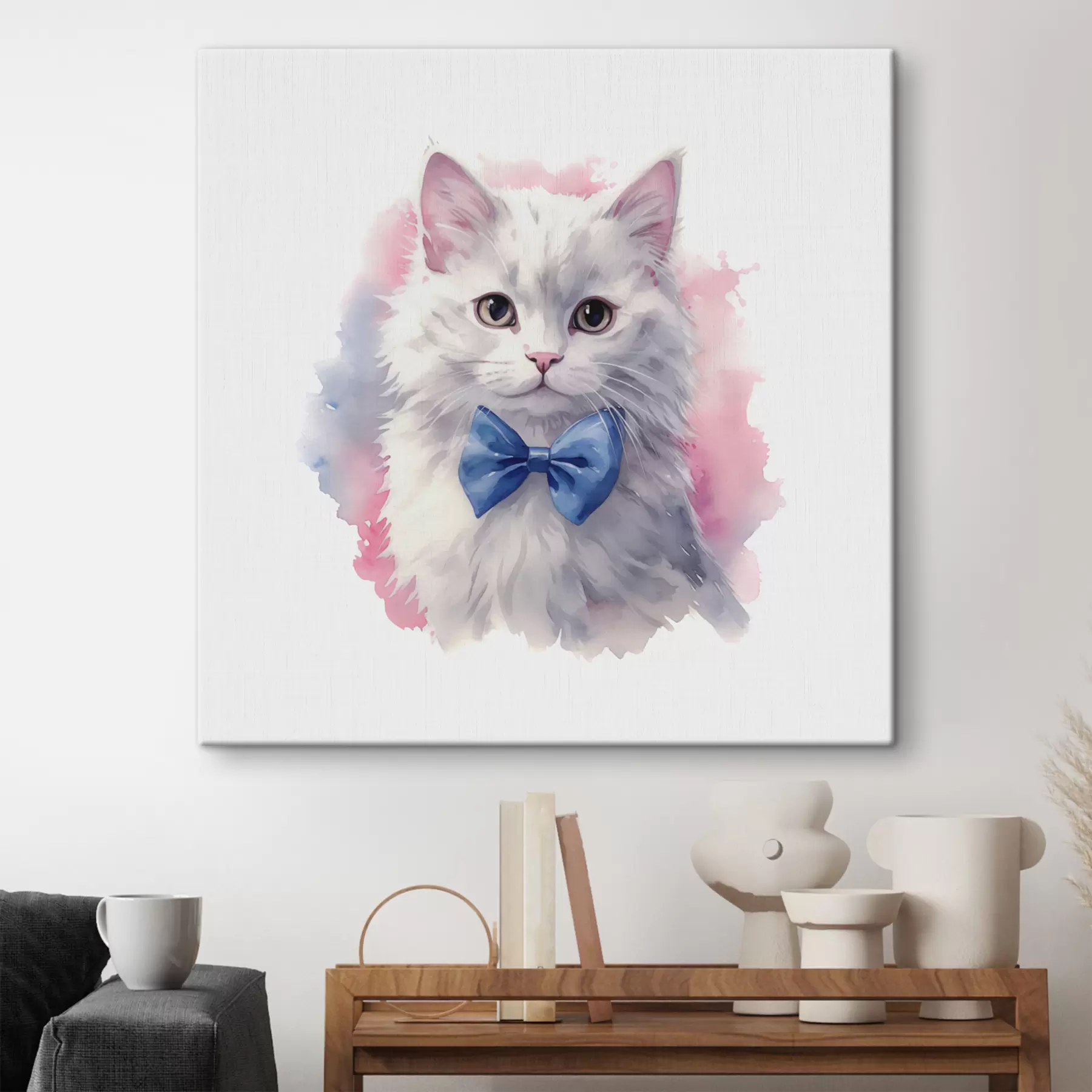 murales Gato blanco esponjoso con un lazo azul en el cuello, acuarela, animal, color gris, blanco, rosa, azul s38479