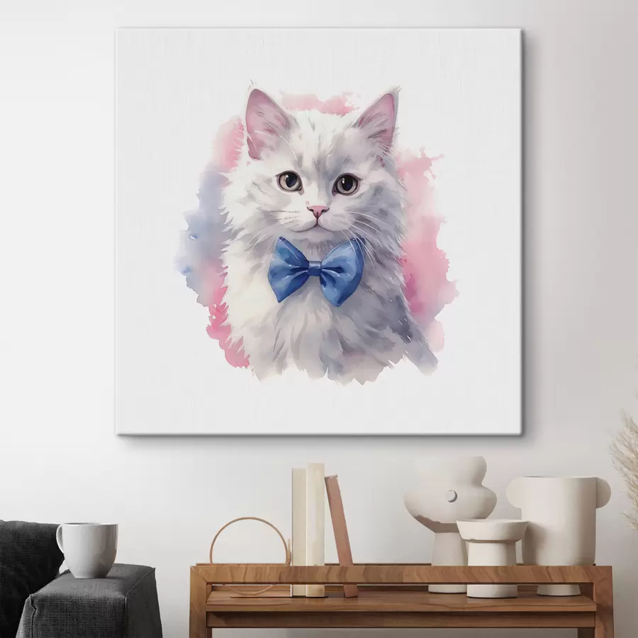 murales Gato blanco esponjoso con un lazo azul en el cuello, acuarela, animal, color gris, blanco, rosa, azul s38479