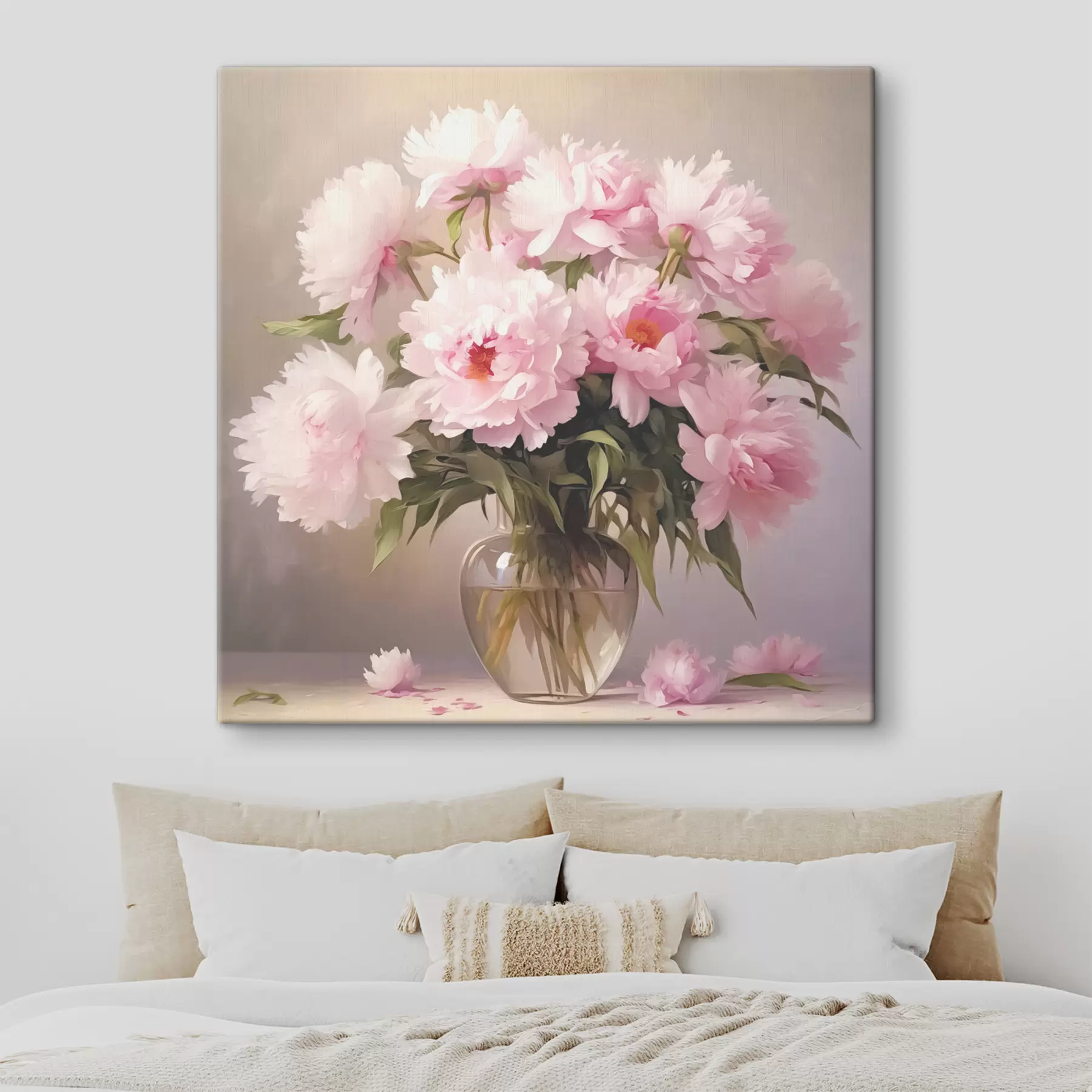 murales Peonías rosas en un jarrón de cristal sobre fondo negro, pintura al óleo de imitación, flores s38482