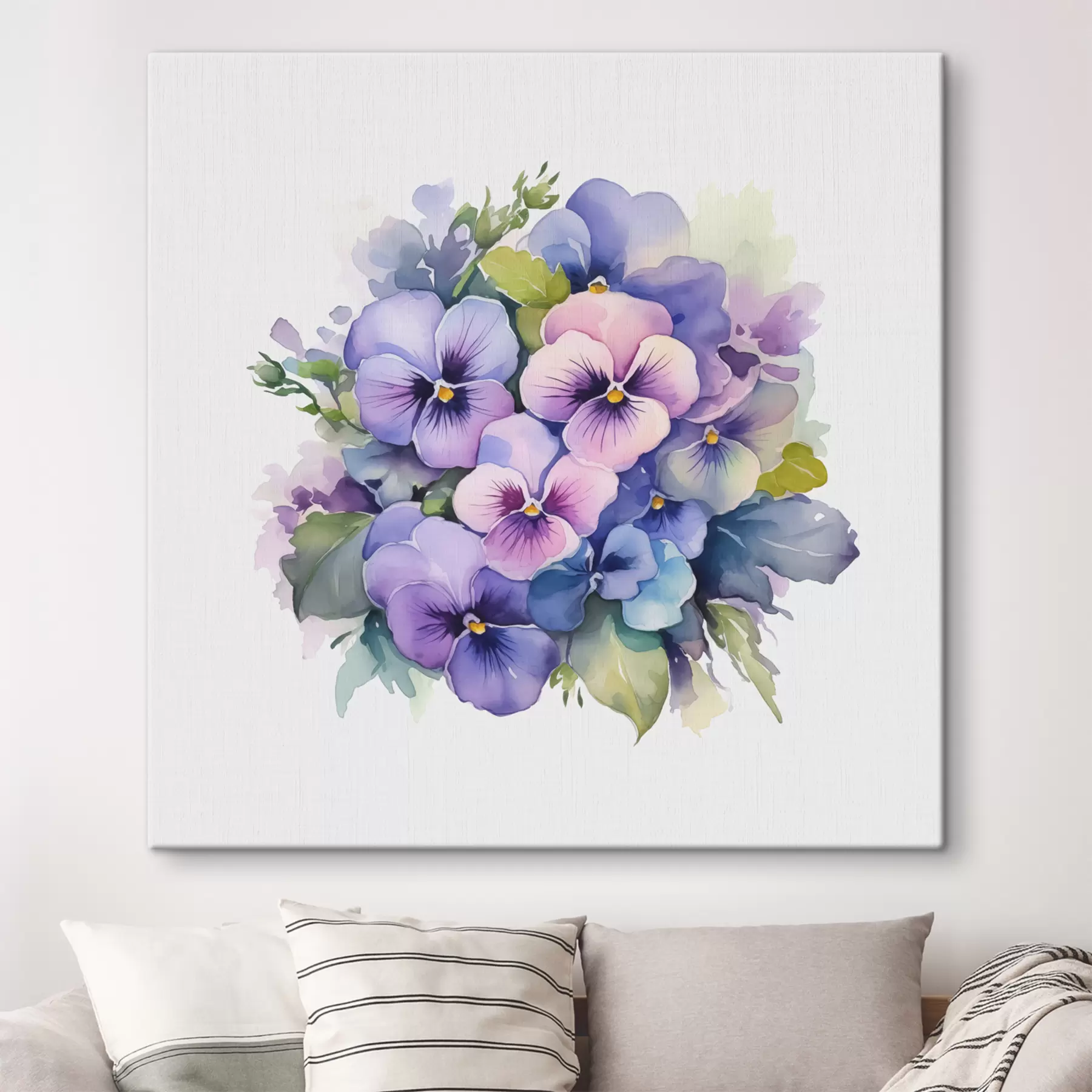 murales Ilustración acuarela de violetas, ramo, flores, color azul, morado, verde s38486