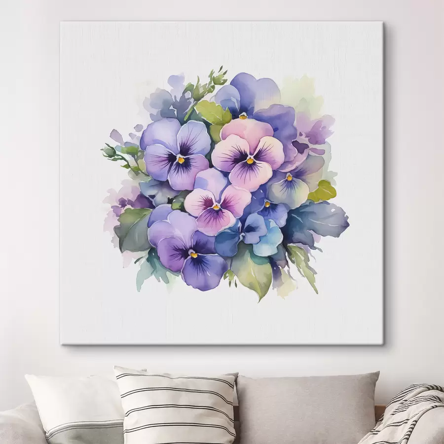 murales Ilustración acuarela de violetas, ramo, flores, color azul, morado, verde s38486