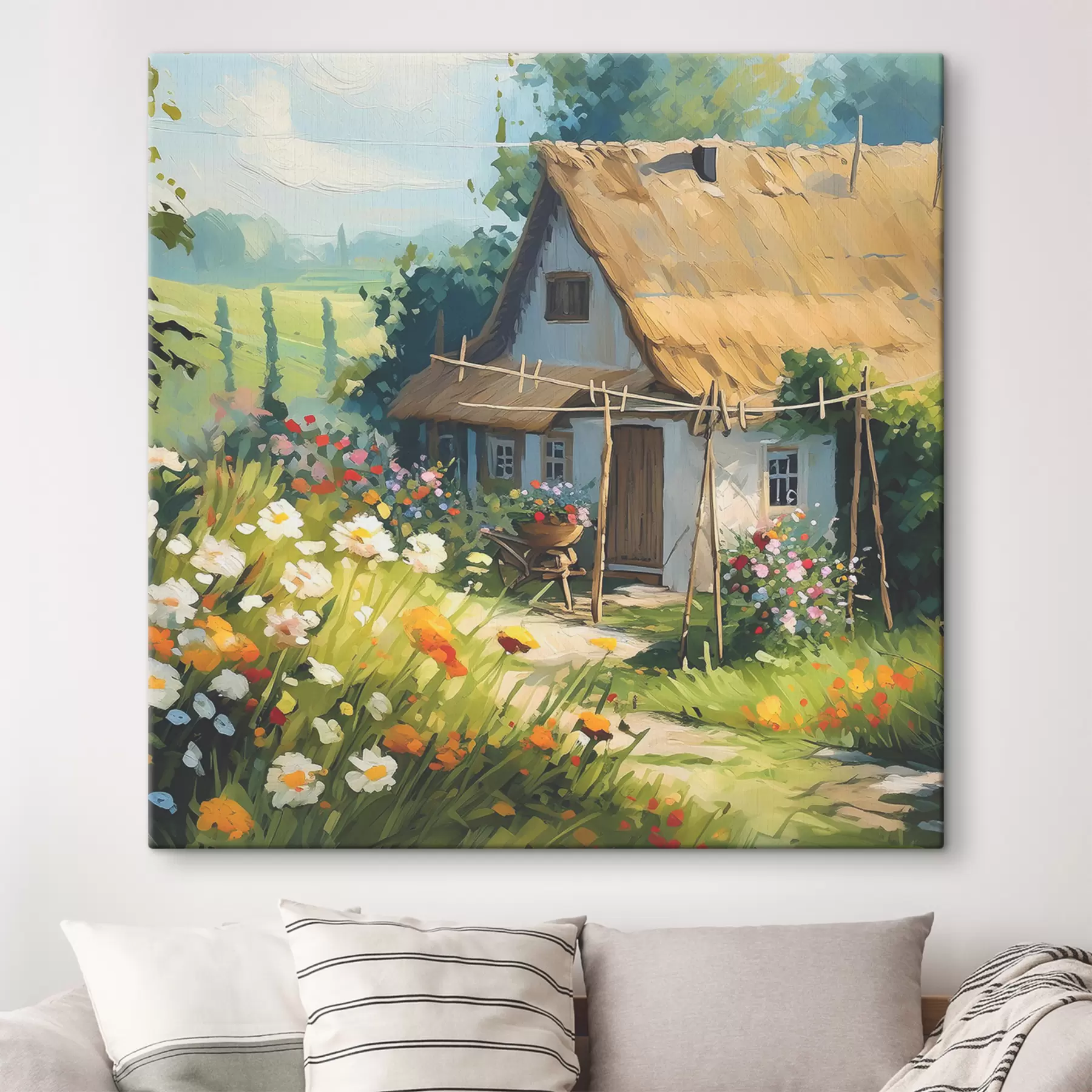 wall murals Village house with garden, summer flowers, olil paint, brush strokes, field, rustic style s38491