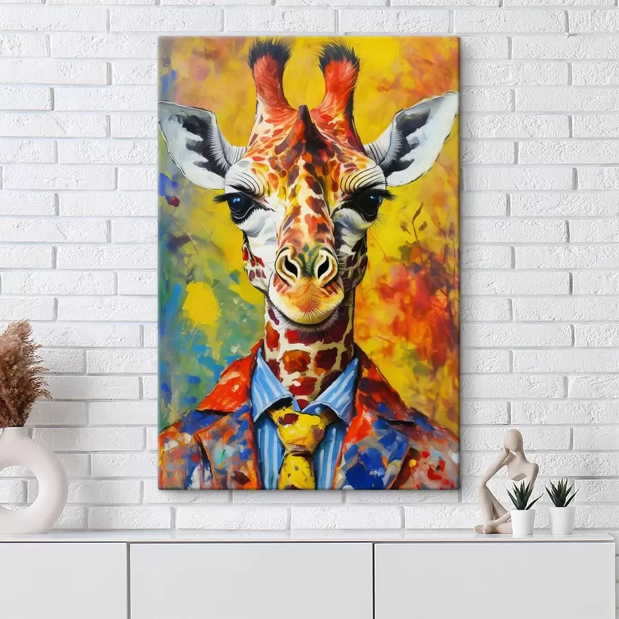 wall murals portrait of a giraffe in a suit on a yellow background s38606