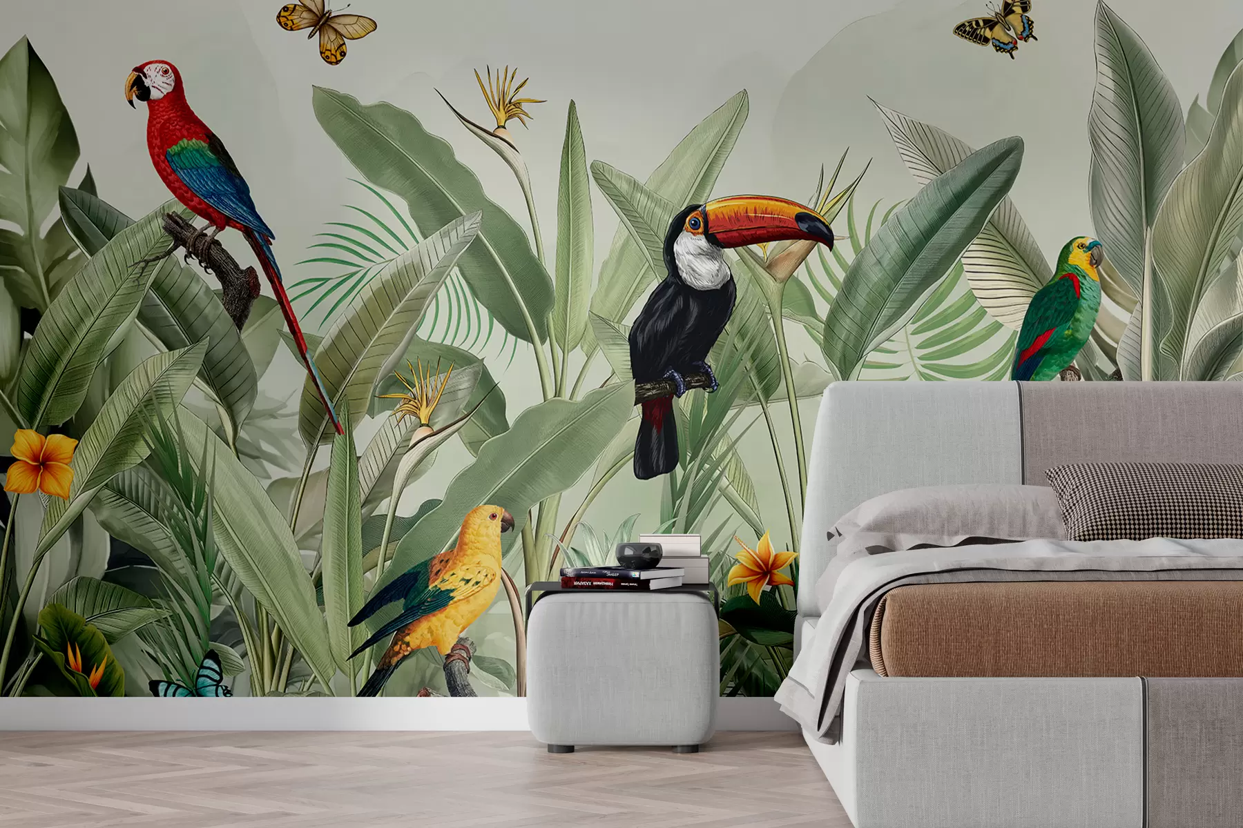 peintures murales Oiseaux exotiques sur feuilles de stropium gris w00635