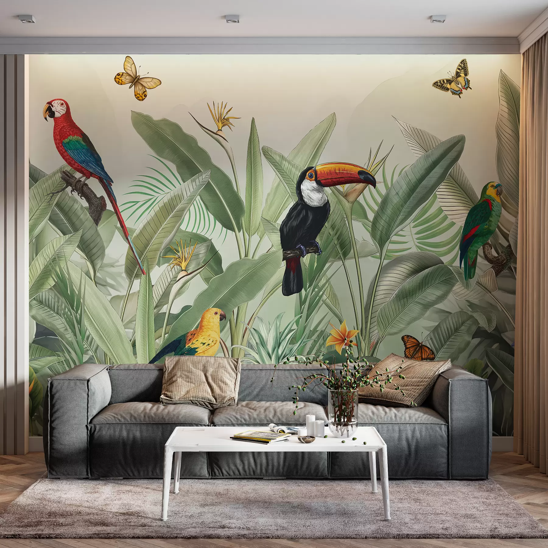 Wall Mural Photo Wallpaper Exotic birds on grey stropium leaves w00635