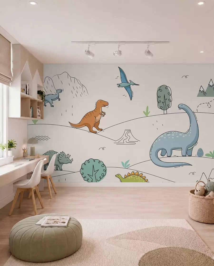 wall murals Colourful dinosaurs on the hills w00637