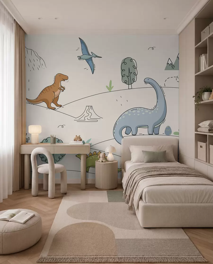 wall murals Colourful dinosaurs on the hills w00637