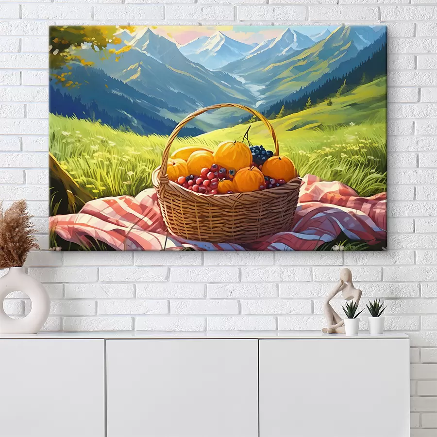 wall murals a basket of fruit on a meadow in the mountains s38654