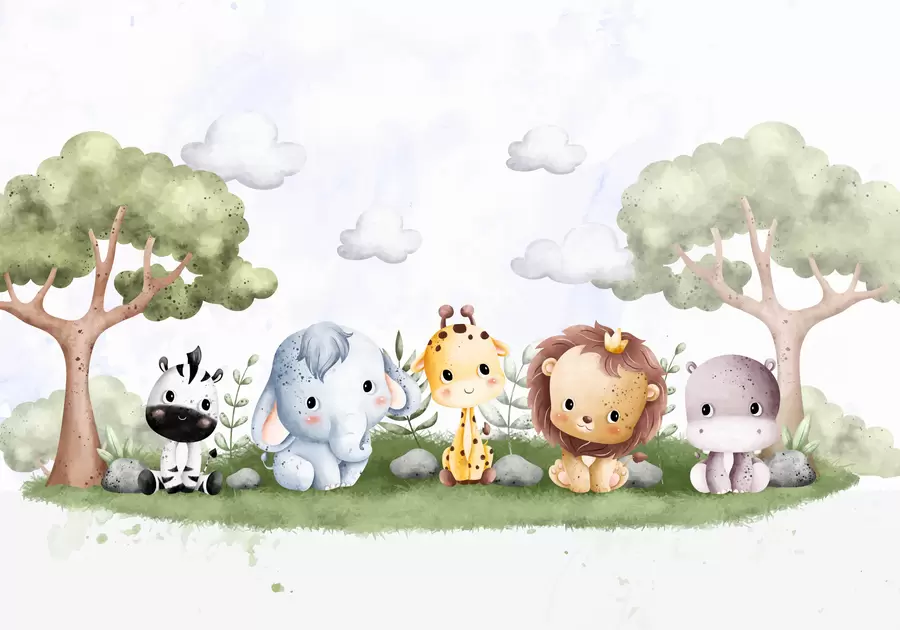 Wall Mural Photo Wallpaper A group of cute cartoon animals sitting on a grassy field with trees and clouds in the background w00705