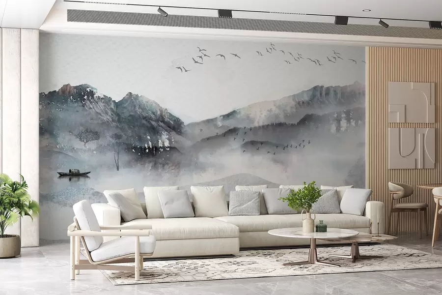 Wall Mural Photo Wallpaper Landscape with mountains in the background, with a few trees visible in the foreground serene  w00707