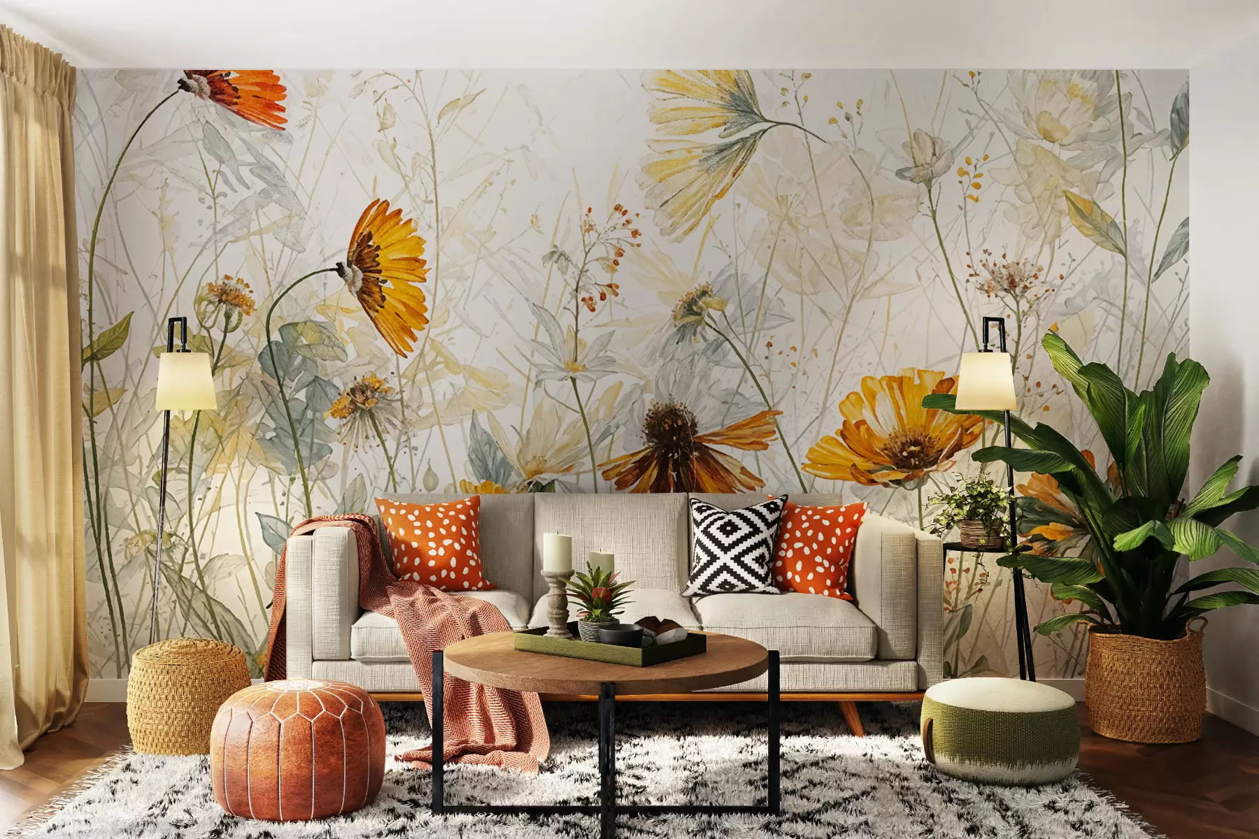 Wall Mural Photo Wallpaper A field of vibrant flowers against a soft, hazy background with delicate white flowers and wispy grass w00708