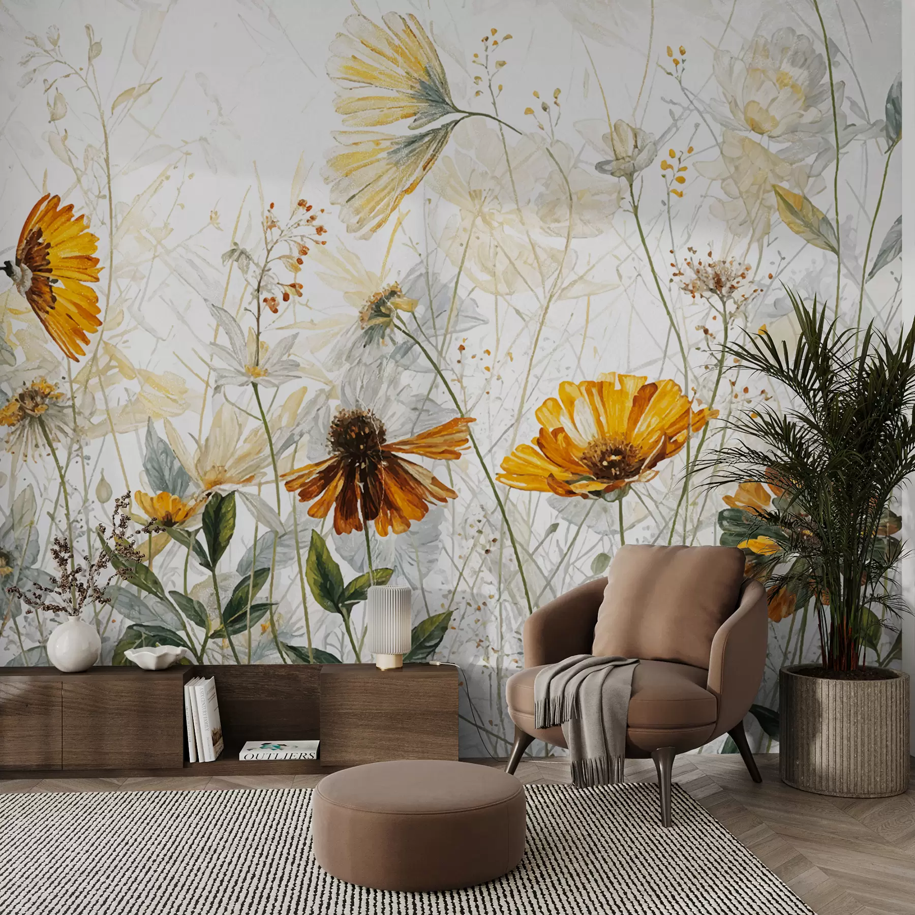 Wall Mural Photo Wallpaper A field of vibrant flowers against a soft, hazy background with delicate white flowers and wispy grass w00708