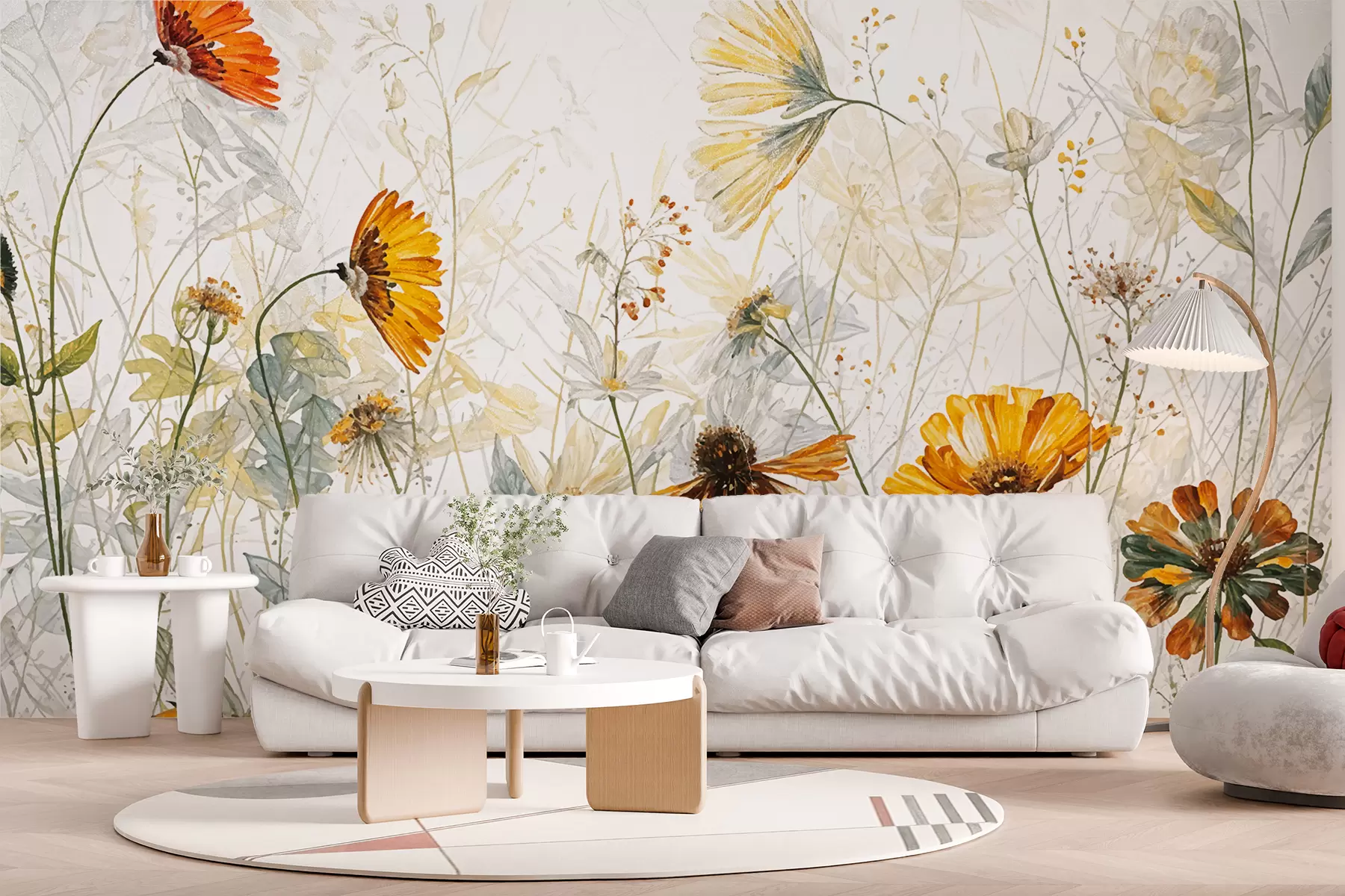 peintures murales Un champ de fleurs éclatantes sur un fond doux et brumeux avec de délicates fleurs blanches et de l'herbe vaporeuse w00708