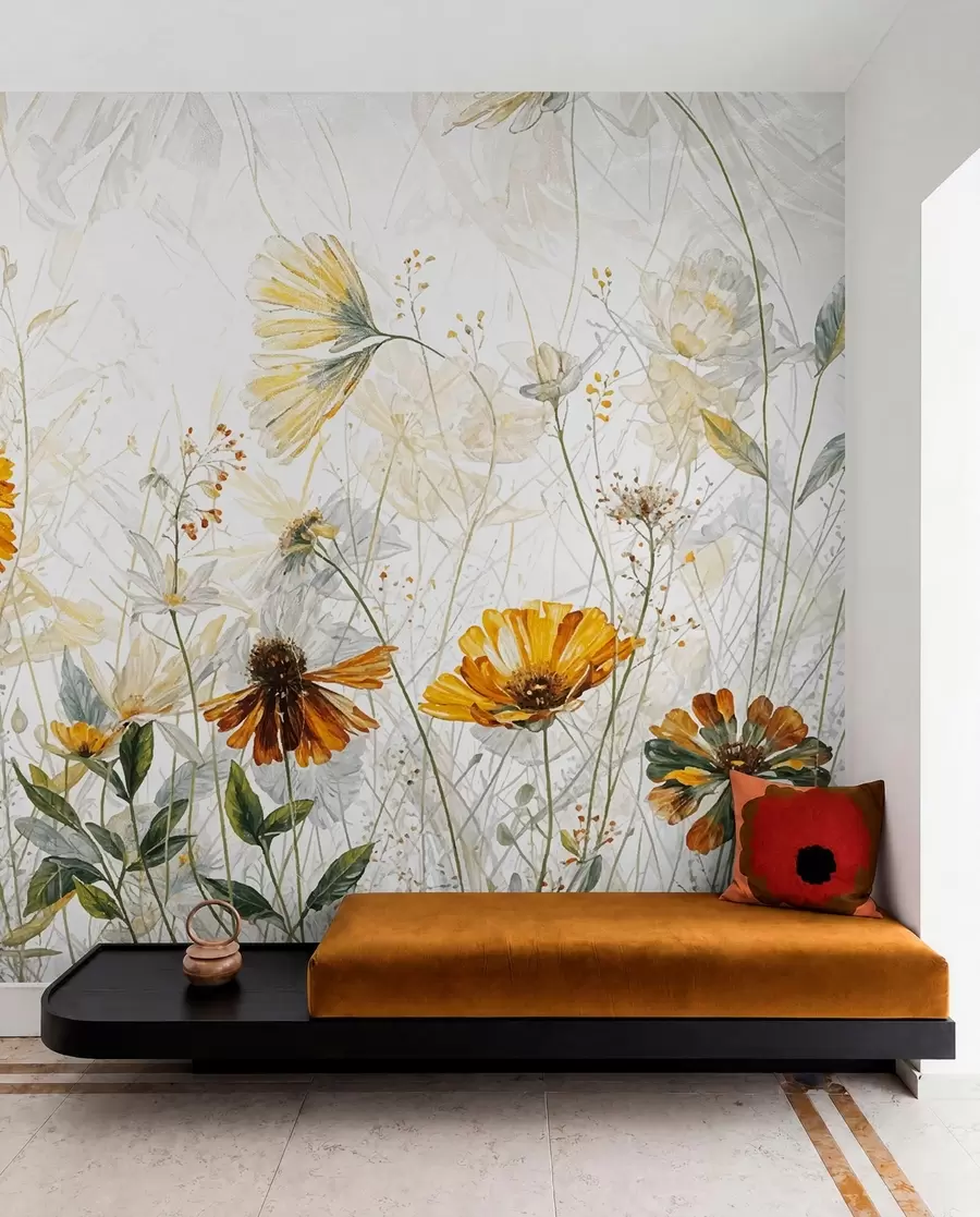 peintures murales Un champ de fleurs éclatantes sur un fond doux et brumeux avec de délicates fleurs blanches et de l'herbe vaporeuse w00708