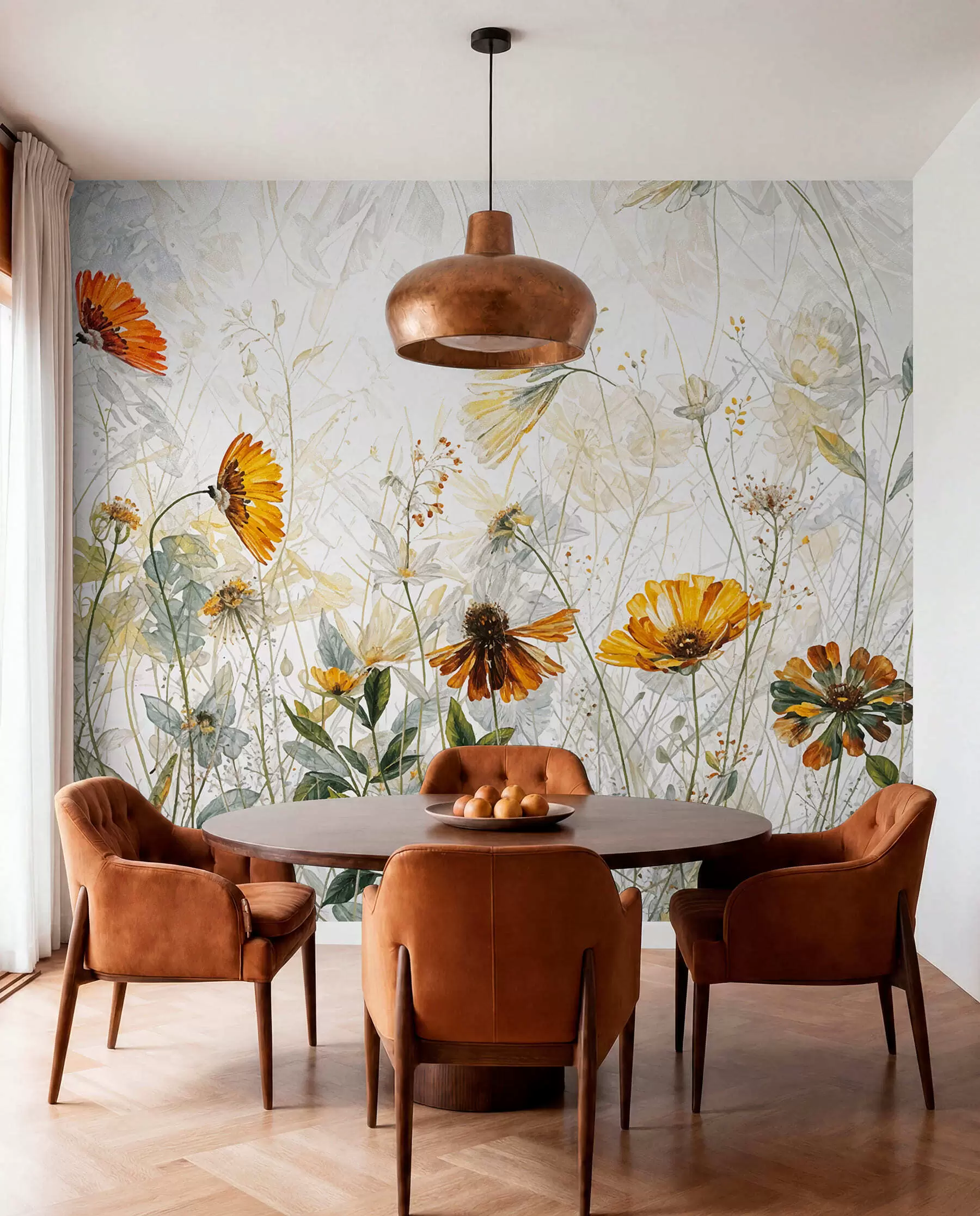 murales Un campo de flores vibrantes sobre un fondo suave y brumoso con delicadas flores blancas y hierba tenue w00708