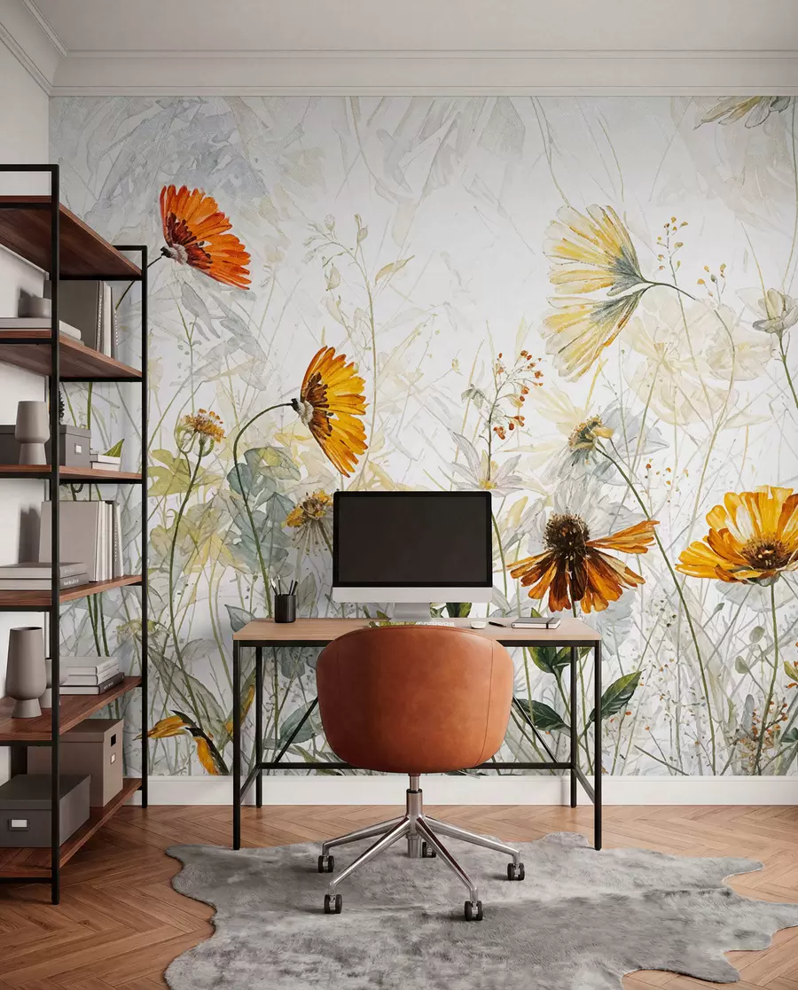 wall murals A field of vibrant flowers against a soft, hazy background with delicate white flowers and wispy grass w00708