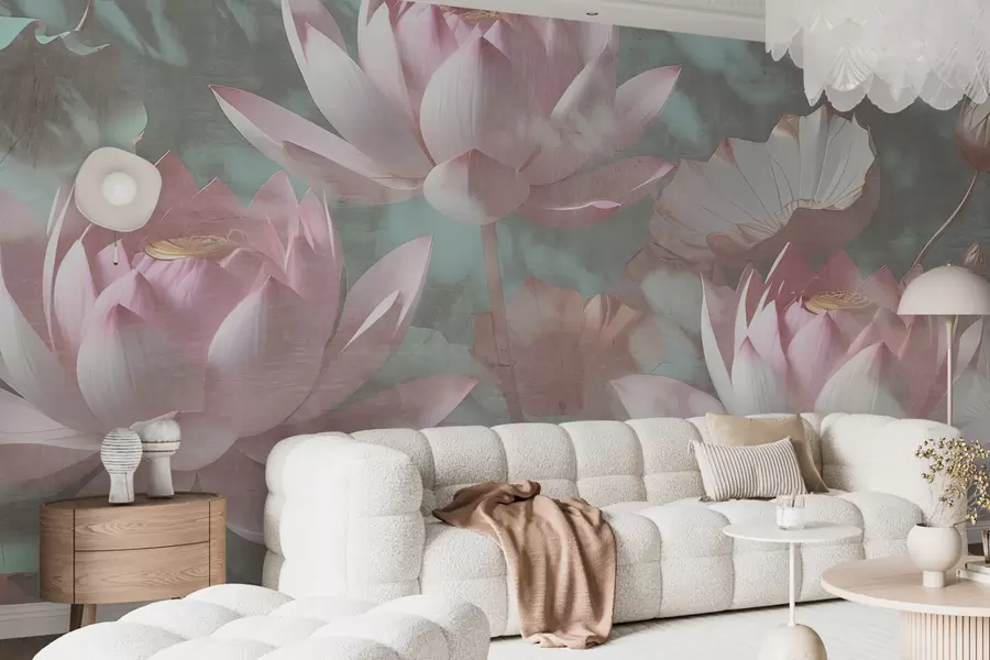 Wall Mural Photo Wallpaper A close-up of several delicate pink lotus flowers against a soft, blurred background w00710