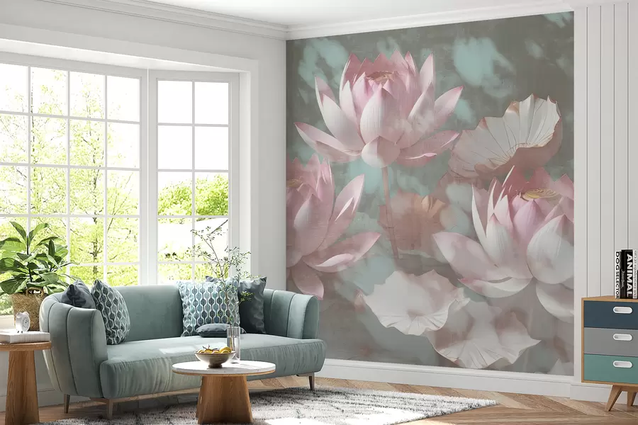 Wall Mural Photo Wallpaper A close-up of several delicate pink lotus flowers against a soft, blurred background w00710