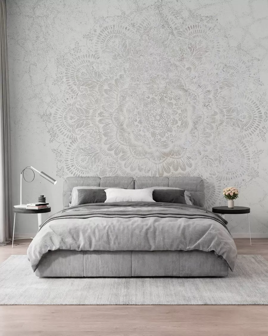 wall murals Mandala, white lace pattern with floral and circular motifs, creating a delicate and intricate design w00737